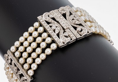 Image 18 kt Gold Perl-Diamant-Armband, WG 750/000, 5-rhg. Zuchtperlen, D. ca. 3.9 mm, ...