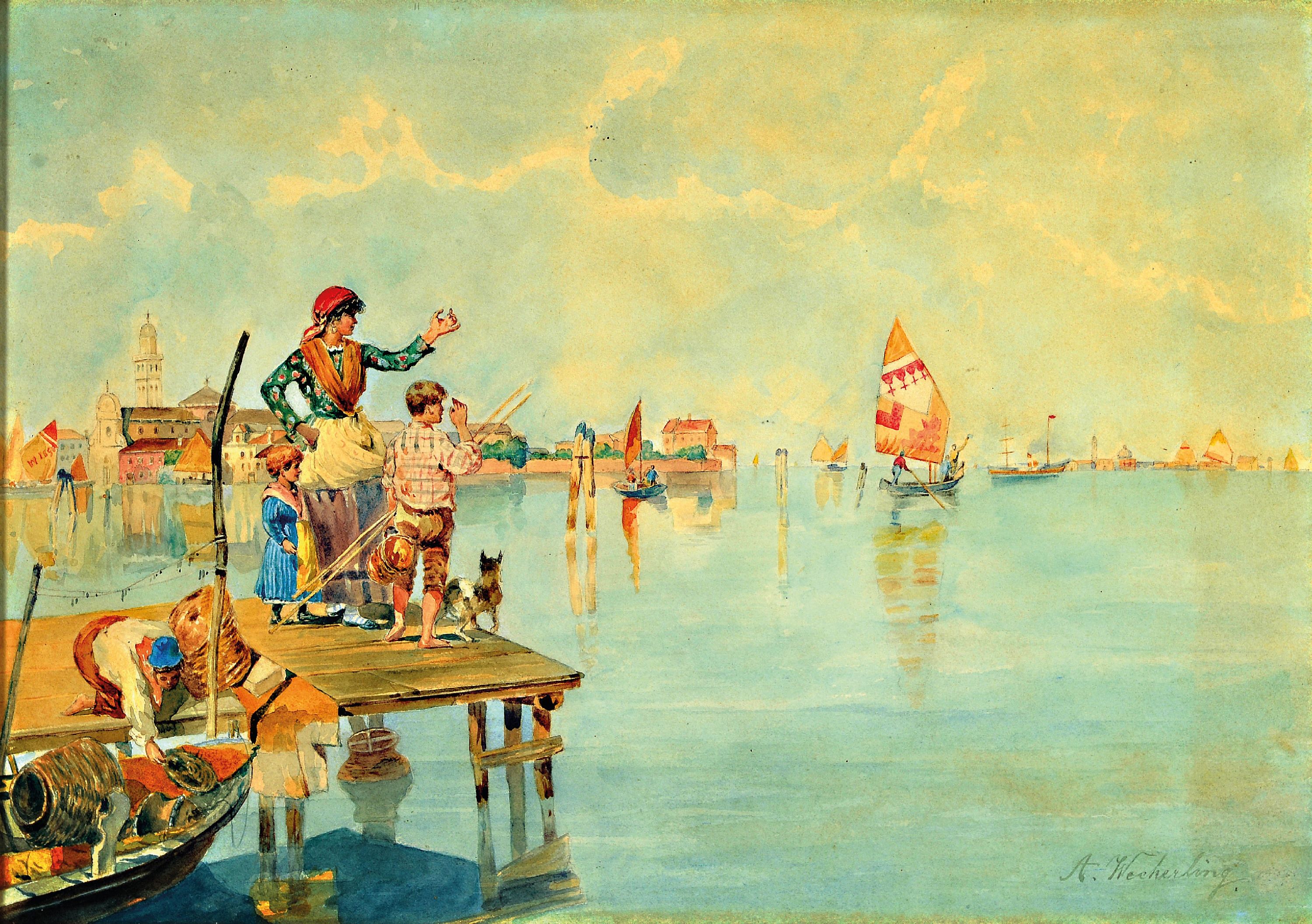 Image 26994888 - Ernst Weckerling, 1877-1917, Aquarell, südliche Hafenszene, Familie verabschiedet ...