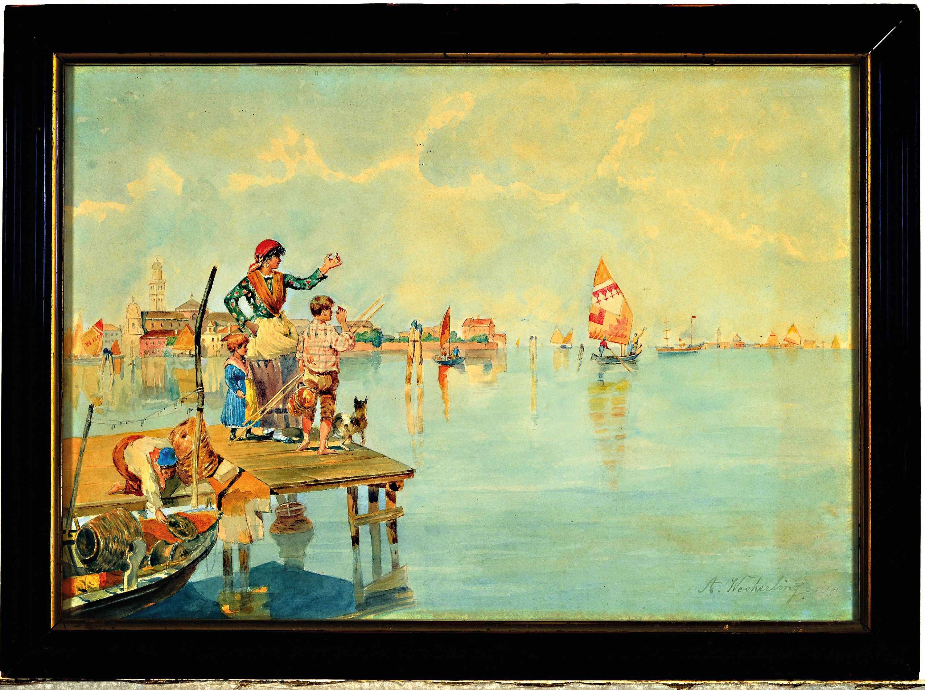 Detail k: Ernst Weckerling, 1877-1917, Aquarell, südliche Hafenszene, Familie verabschiedet denVater zur See, rechts unten signiert, unter Glas gerahmt 36x48 ...