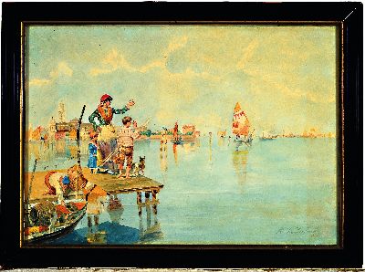 26994888k - Ernst Weckerling, 1877-1917, Aquarell, südliche Hafenszene, Familie verabschiedet ...
