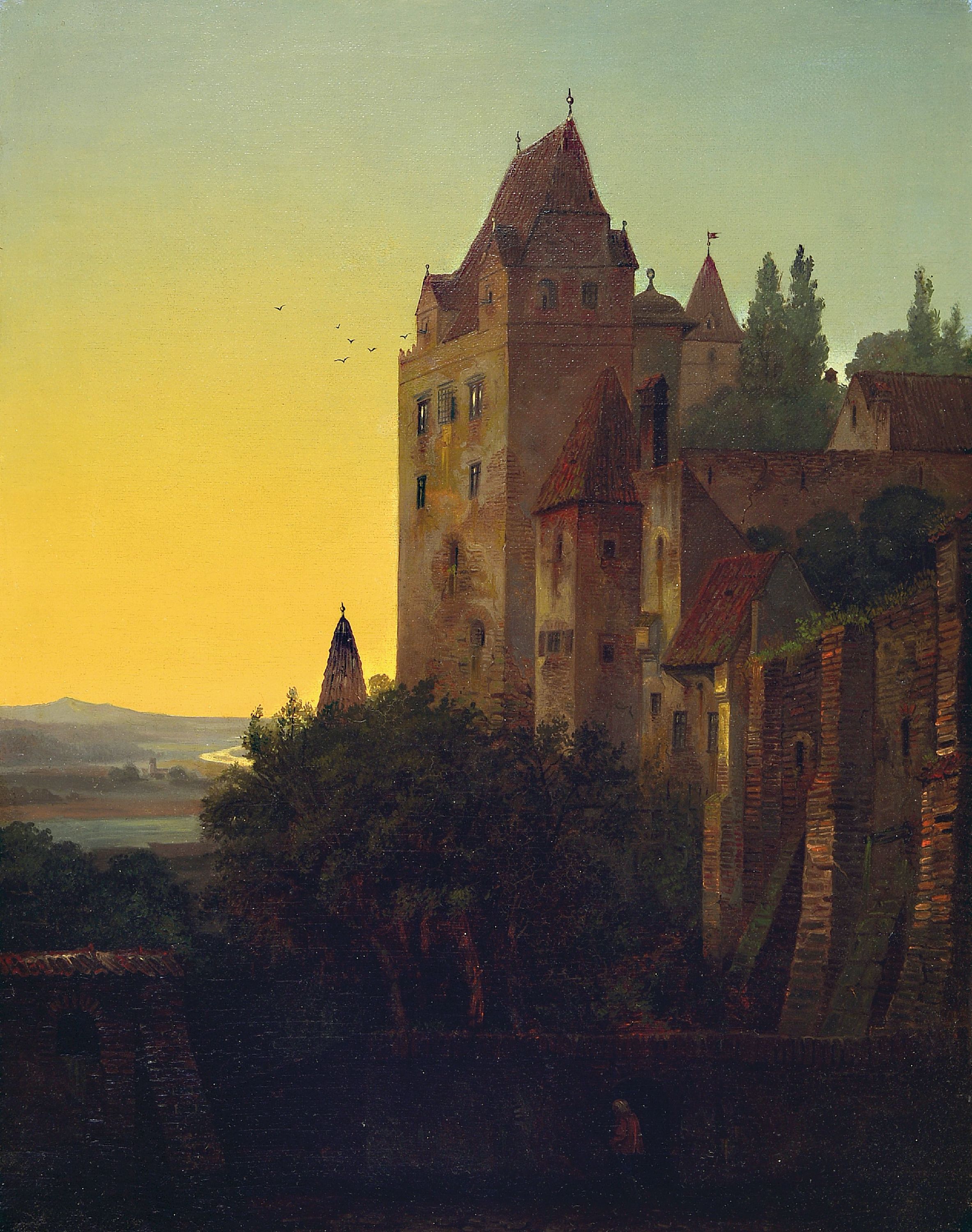 Image 26994902 - Romantiker, Mitte 19. Jh., , Burg in der Dämmerung, Öl/Lwd, feine lasierende Malerei, ...