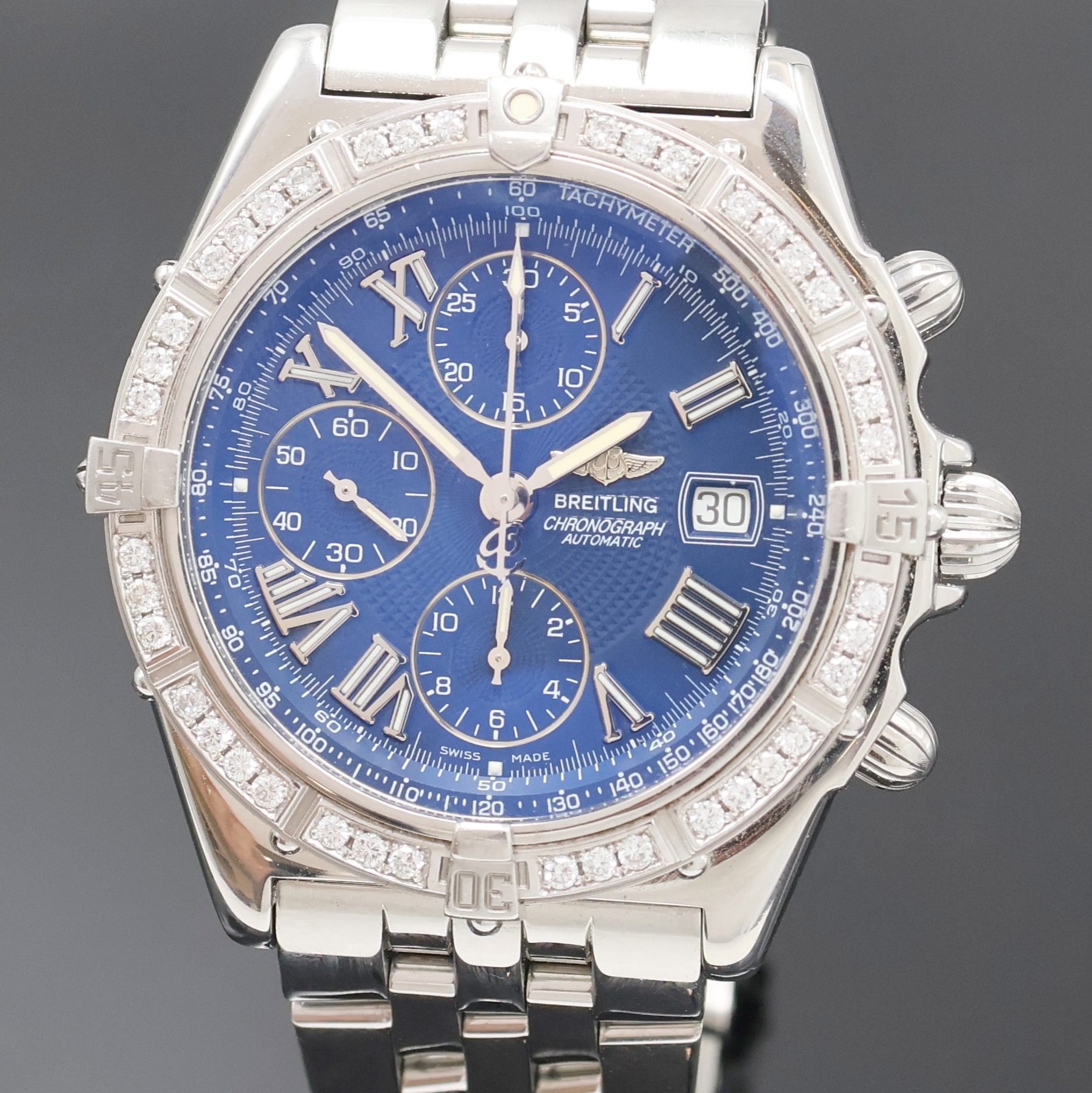 Detail a: BREITLING Armbandchronograph Crosswind Referenz A13055, Automatik, Schweiz um 2000, Edelstahlgeh. inkl. Pilotband m. Faltschl., Boden und Krone ...