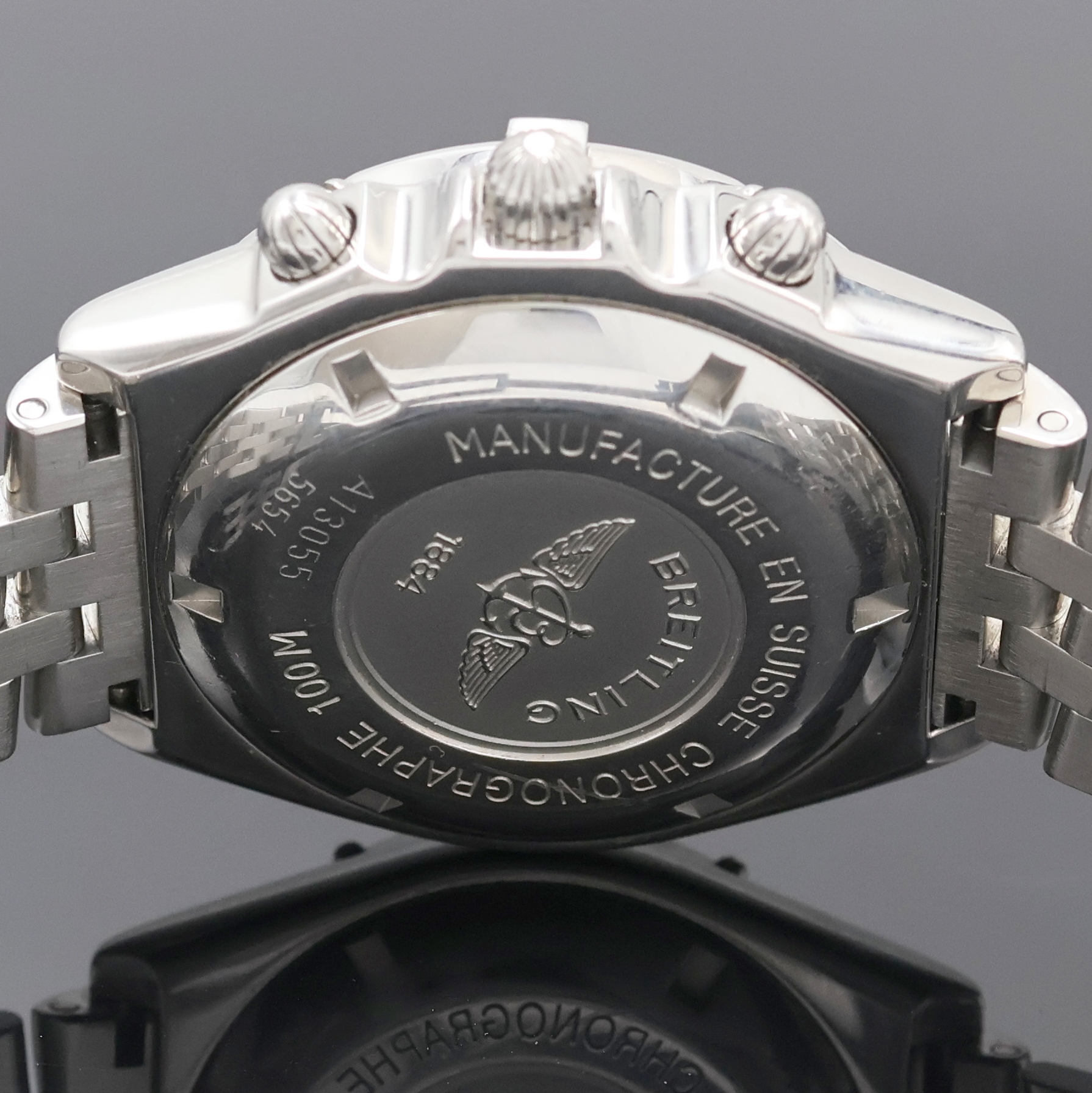 Detail d: BREITLING Armbandchronograph Crosswind Referenz A13055, Automatik, Schweiz um 2000, Edelstahlgeh. inkl. Pilotband m. Faltschl., Boden und Krone ...