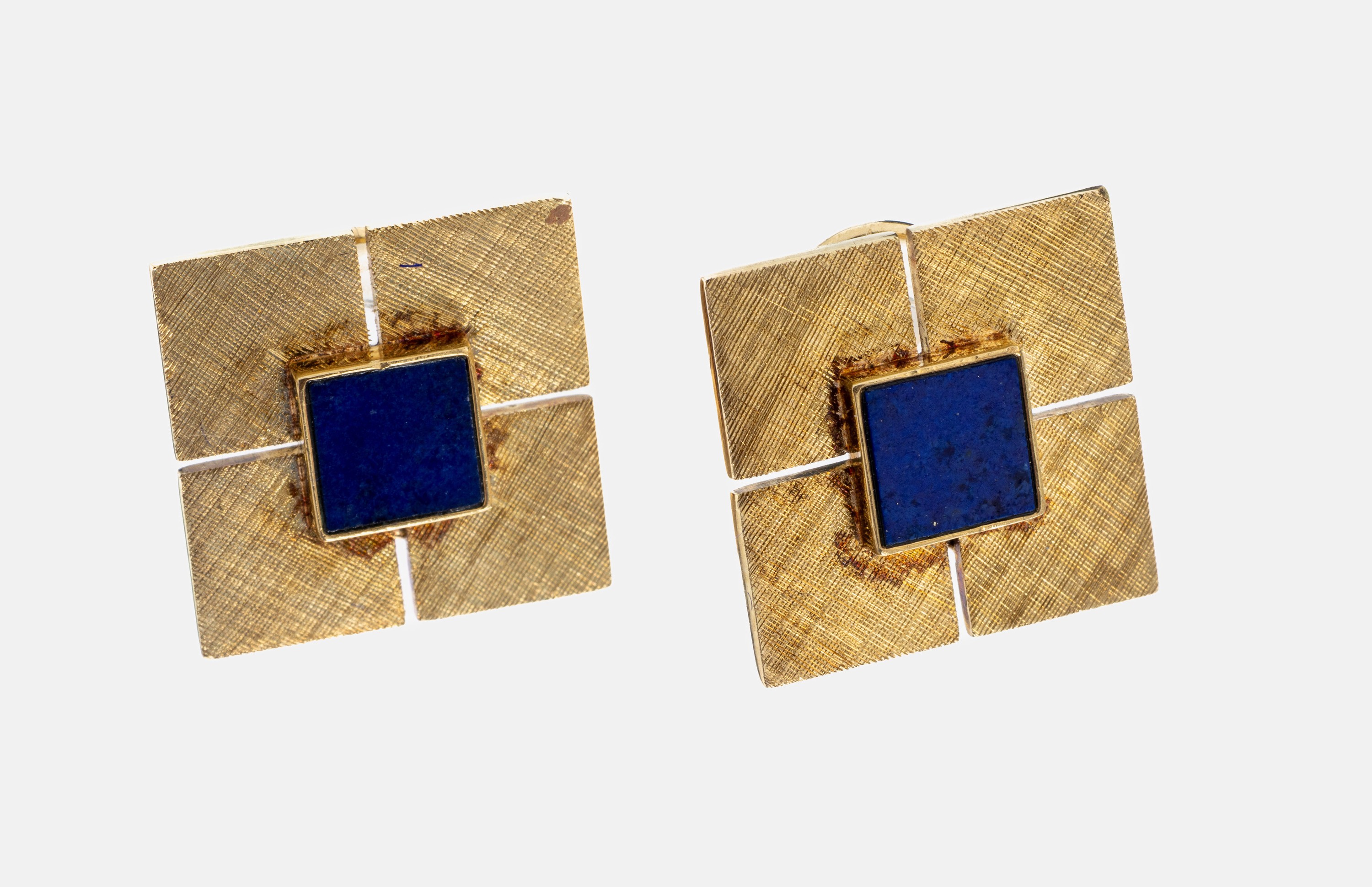 Paar 14 kt Gold Lapislazuli Ohrclips, GG 585/000, Oberfläche strukturiert, Lapislazulieinlagen, total ca. 11 g