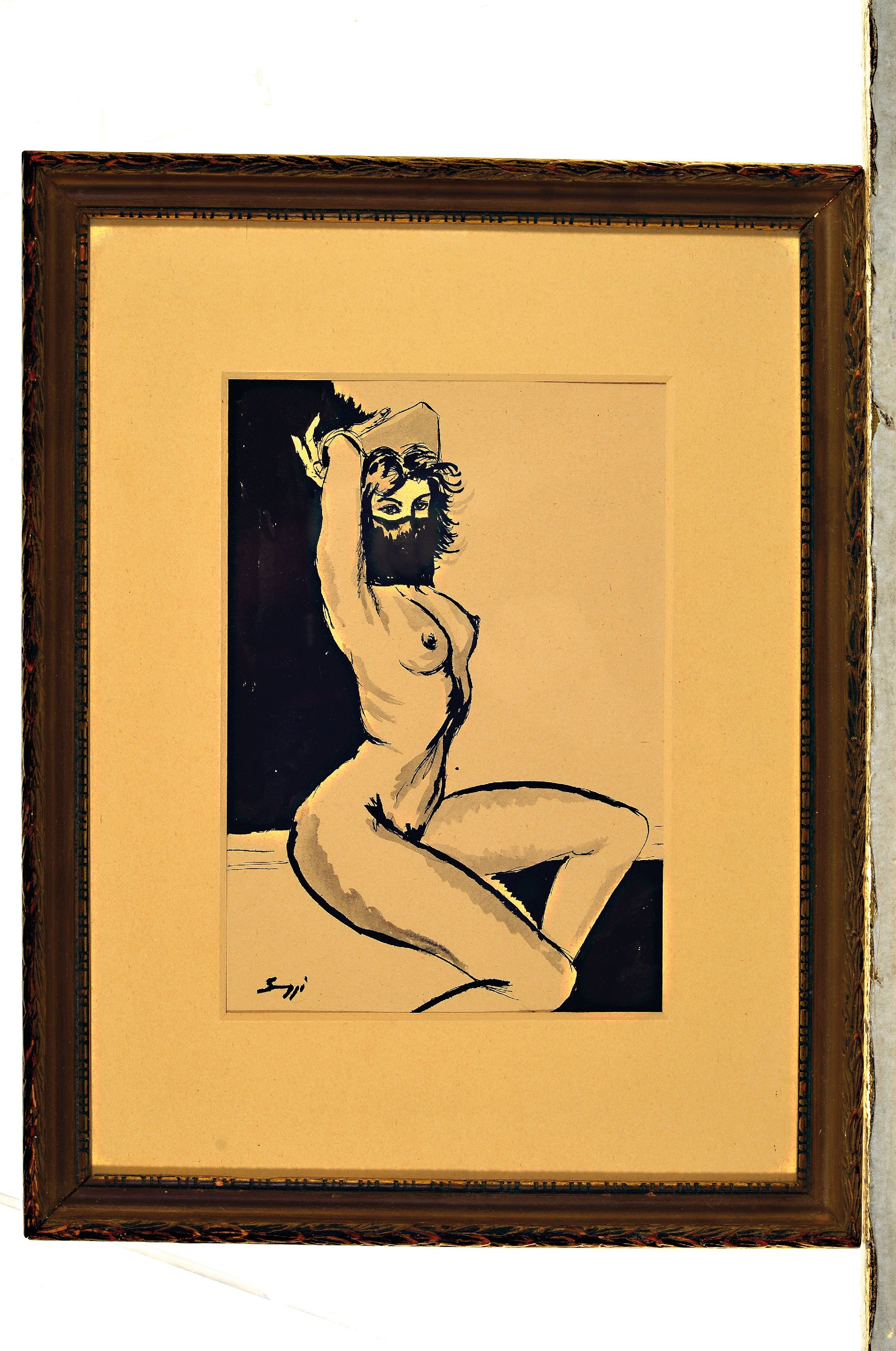 Detail k: Michael Somogyi, ungarischer Künstler des 20.Jh.,, Tuschezeichnung, weiblicher Akt, unter Glas gerahmt 44x34 cm