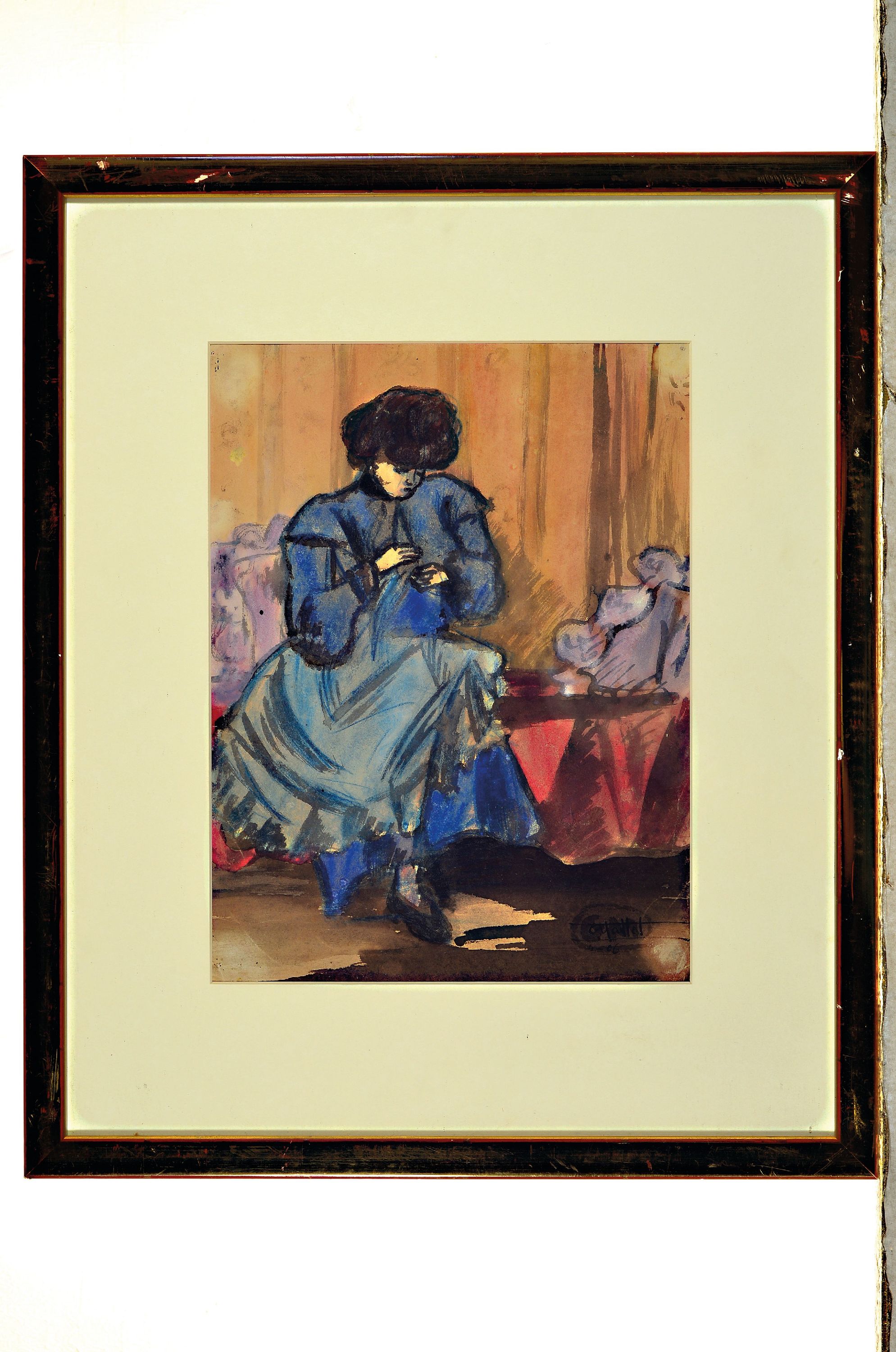 Detail k: Gaspard Maillol, 1880 Barcelona-1946 Paris, Aquarell, Interior mit Frau in blauem Kleid, Monogrammiert im Oval G.M, unter PP und Glas gerahmt 49x41 cm
