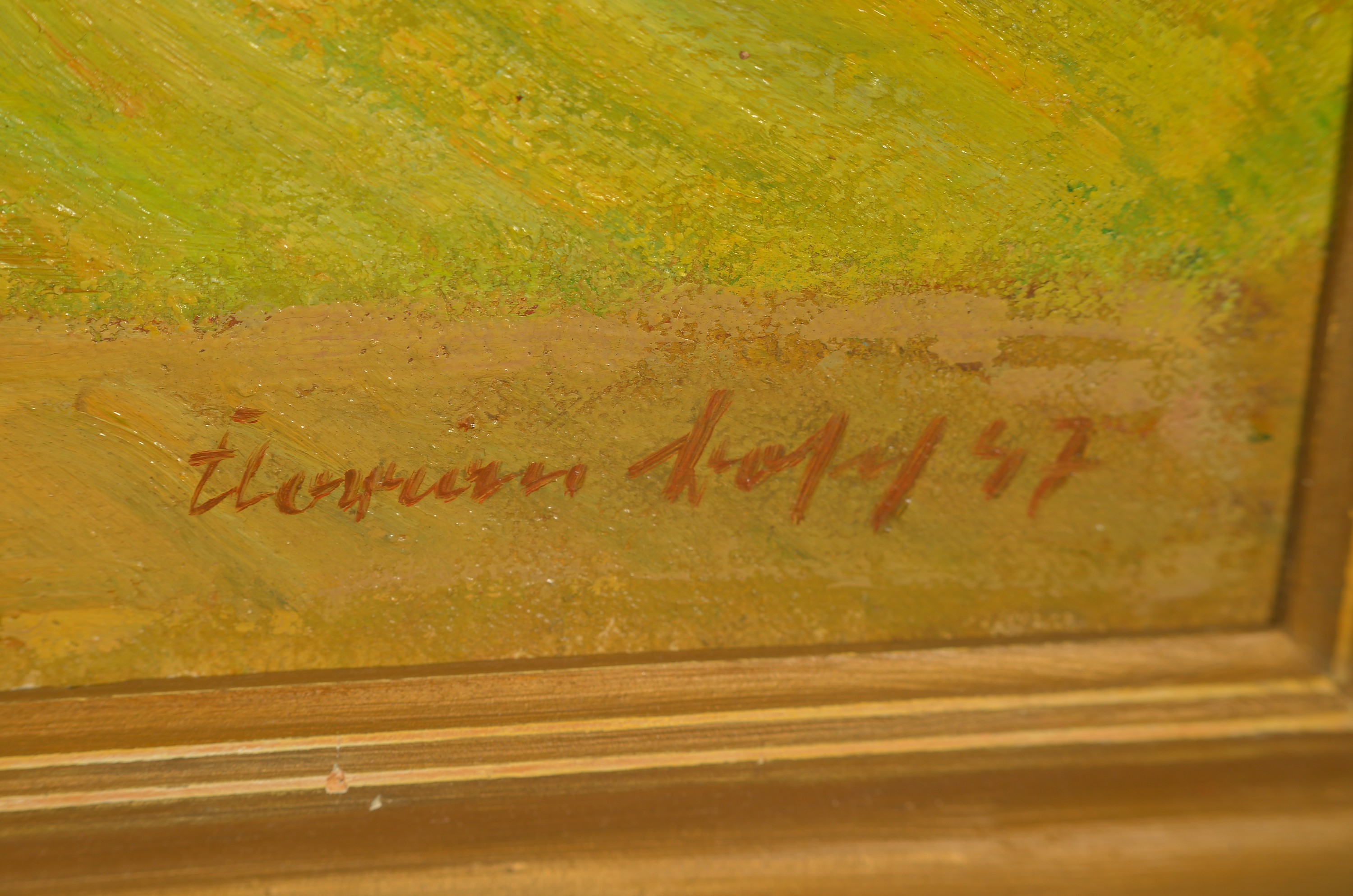 Detail a: Florian Bosch, 1900 Sauerlach-1972 München, Sommerlandschaft im Allgäu mit Blick auf ein Dorf, rechts unten signiert und datiert 1947, Öl/Lwd, ...