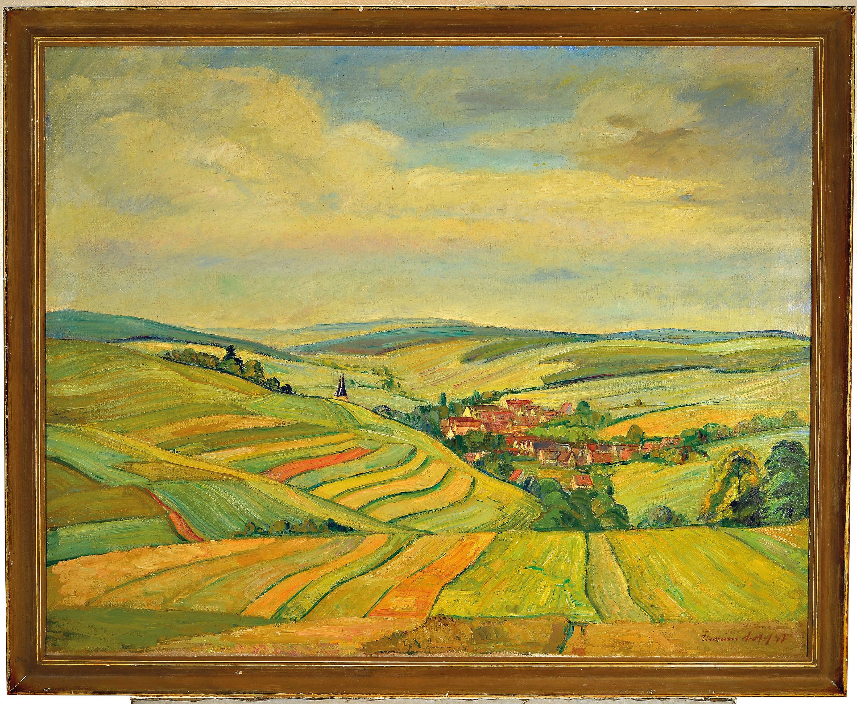 Detail k: Florian Bosch, 1900 Sauerlach-1972 München, Sommerlandschaft im Allgäu mit Blick auf ein Dorf, rechts unten signiert und datiert 1947, Öl/Lwd, ...