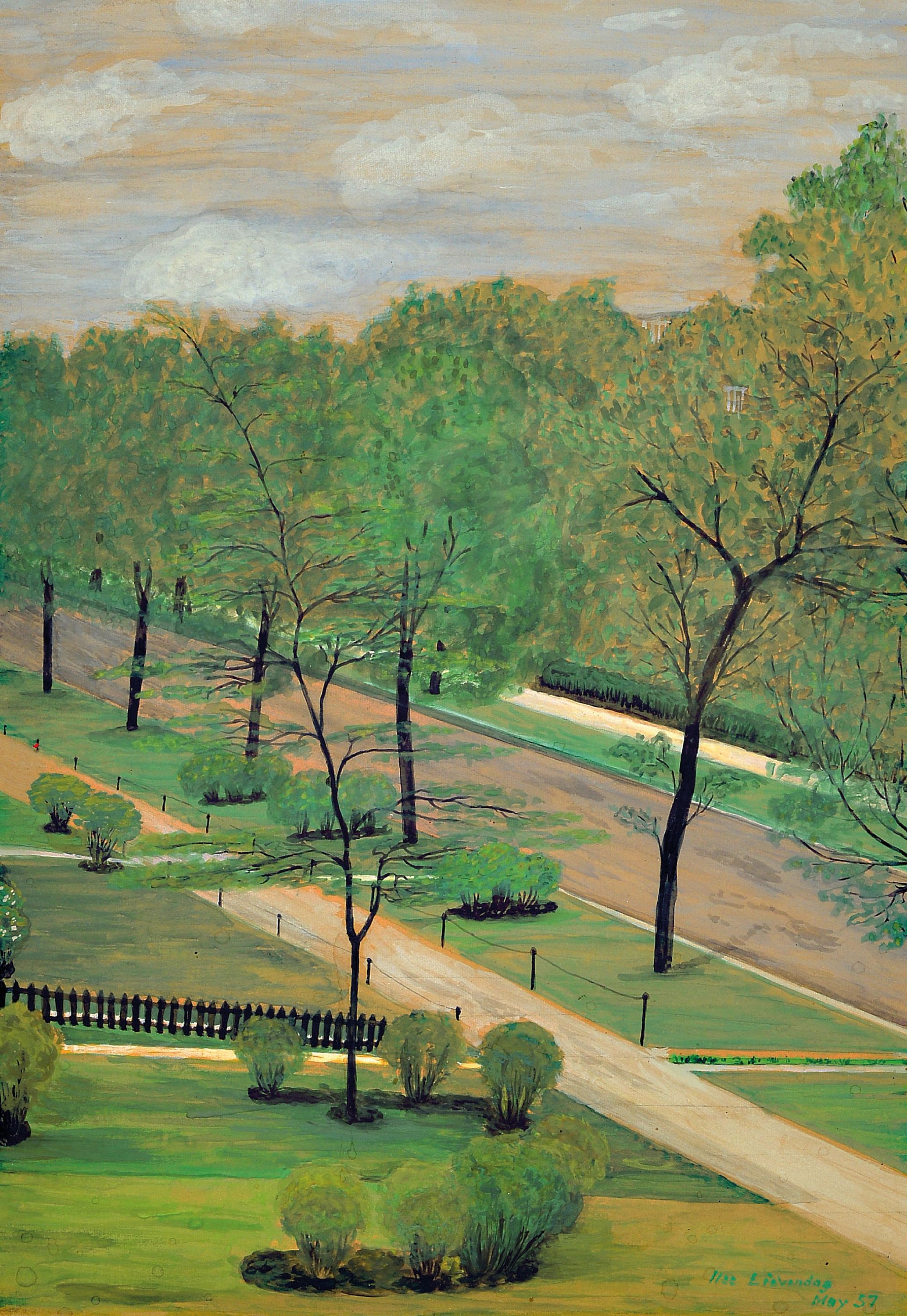 Ilse E. Fevendag, 1908-1982, Blick auf eine Allee mit angrenzenden Gärten, rechts unten signiert und datiert May 1957, Aquarell, unterGlas gerahmt ...
