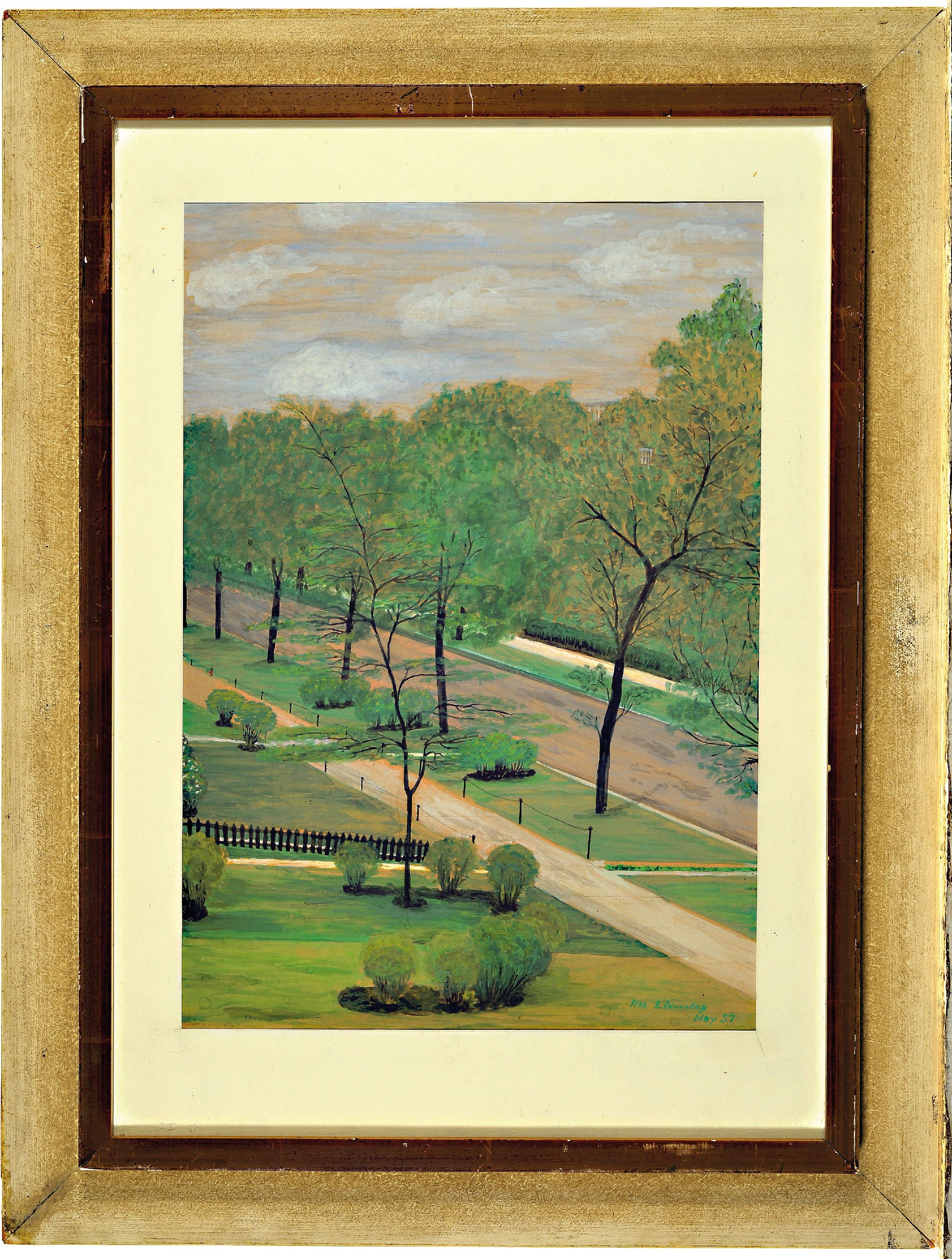 Detail k: Ilse E. Fevendag, 1908-1982, Blick auf eine Allee mit angrenzenden Gärten, rechts unten signiert und datiert May 1957, Aquarell, unterGlas gerahmt ...