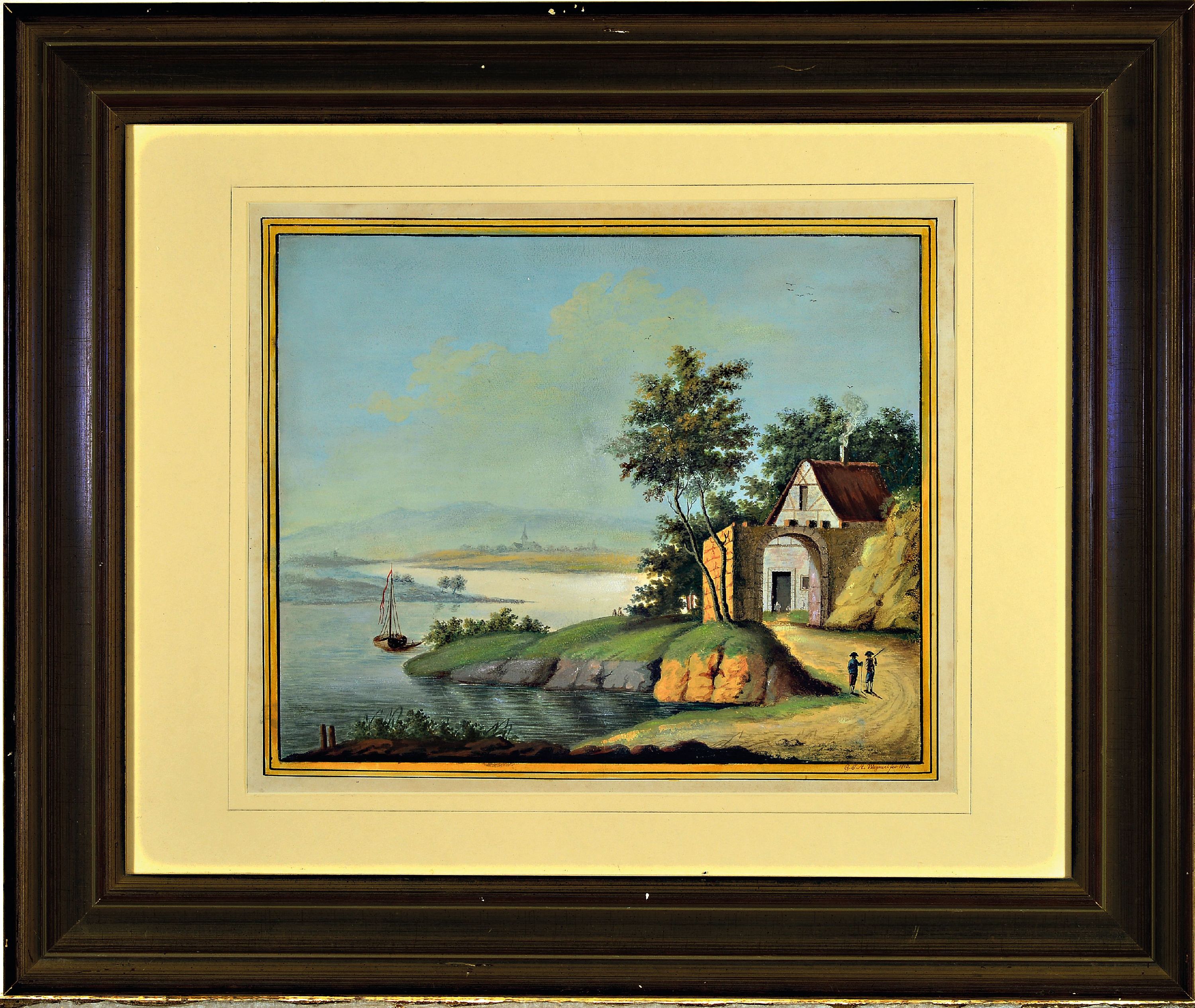 Detail k: G.J.A. Wagner, Künstler um 1800, Aquarell, süddeutsche Seenlandschaft mit Figurenstaffage, rechts unten signiert und datiert 1810, Blatt 32x38 cm, ...