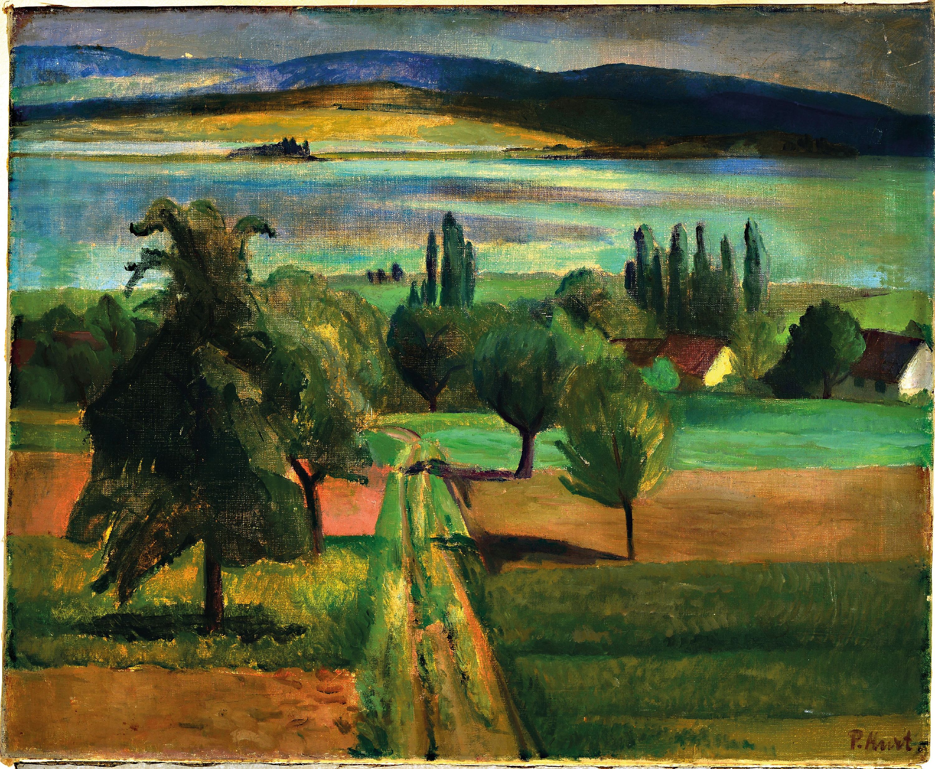 Detail k: Paul Hart, Schweizer Künstler des 20.Jh., Blick entlang einer Allee auf einen See, linksunten signiert, verso fragmentarisches Etikettbez. ...