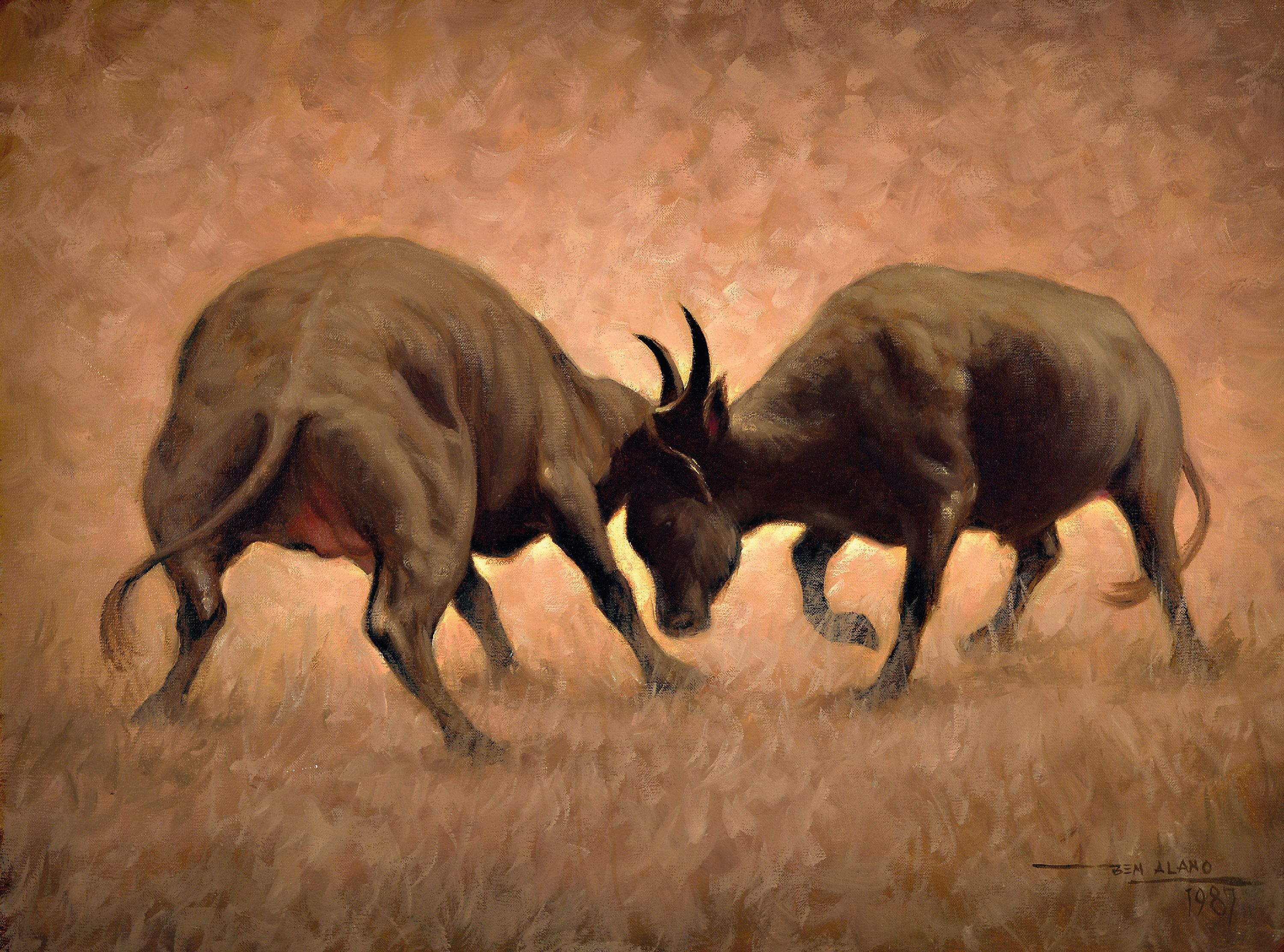Benjamin Ben Alano, 1920-1991, philippinisch, Paar kämpfende Carabao, rechts unten signiert und datiert 1987, Öl/Lwd, ungerahmt, 61x81 cm