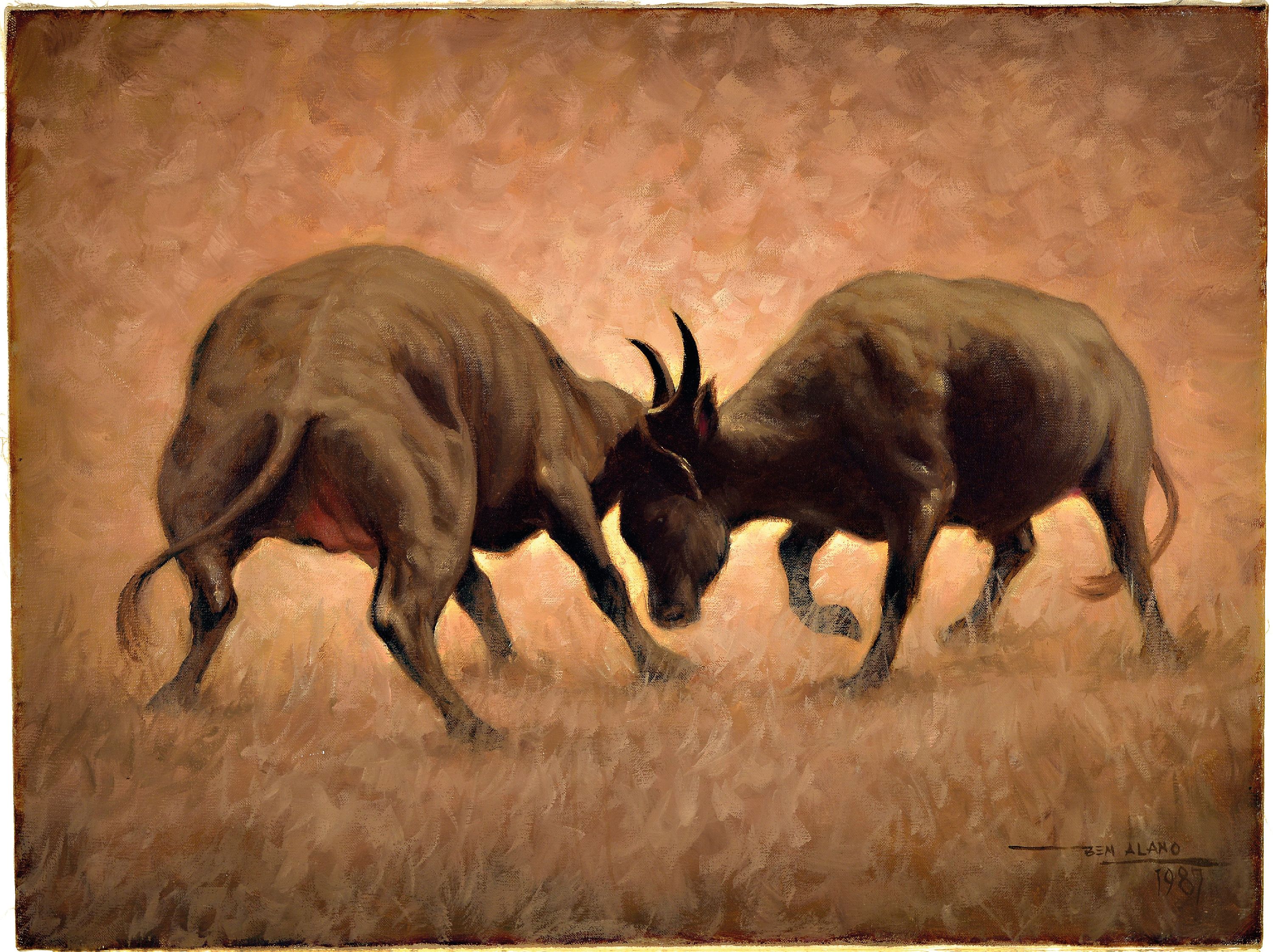 Detail k: Benjamin Ben Alano, 1920-1991, philippinisch, Paar kämpfende Carabao, rechts unten signiert und datiert 1987, Öl/Lwd, ungerahmt, 61x81 cm
