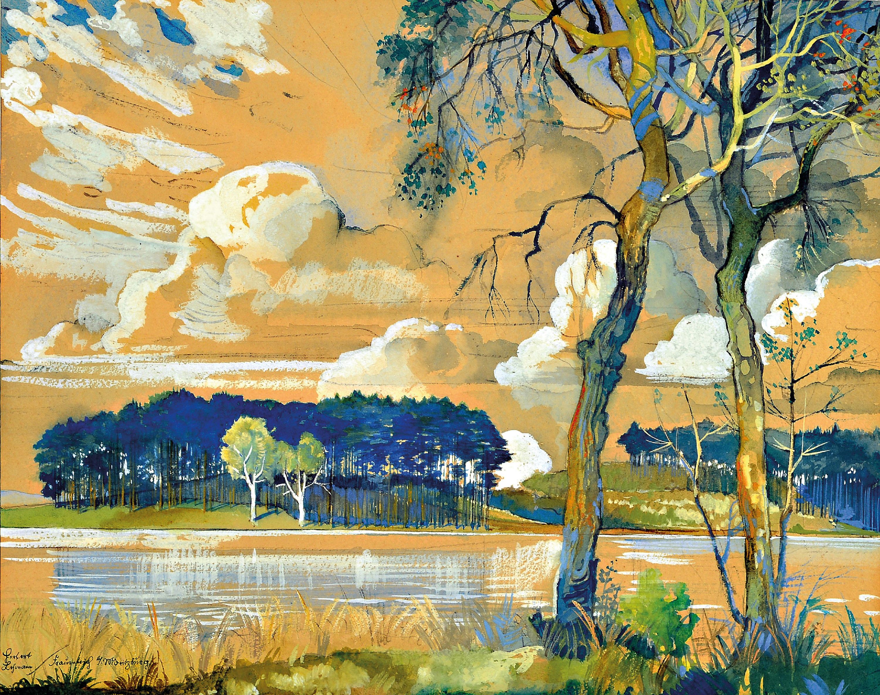 Herbert Lehmann, 1890 Dresden-1945 Bautzen, Aquarell, "Frauenteich bei Moritzburg", vor 1930, verso mit Widmung datiert 1930, unter Glas ...