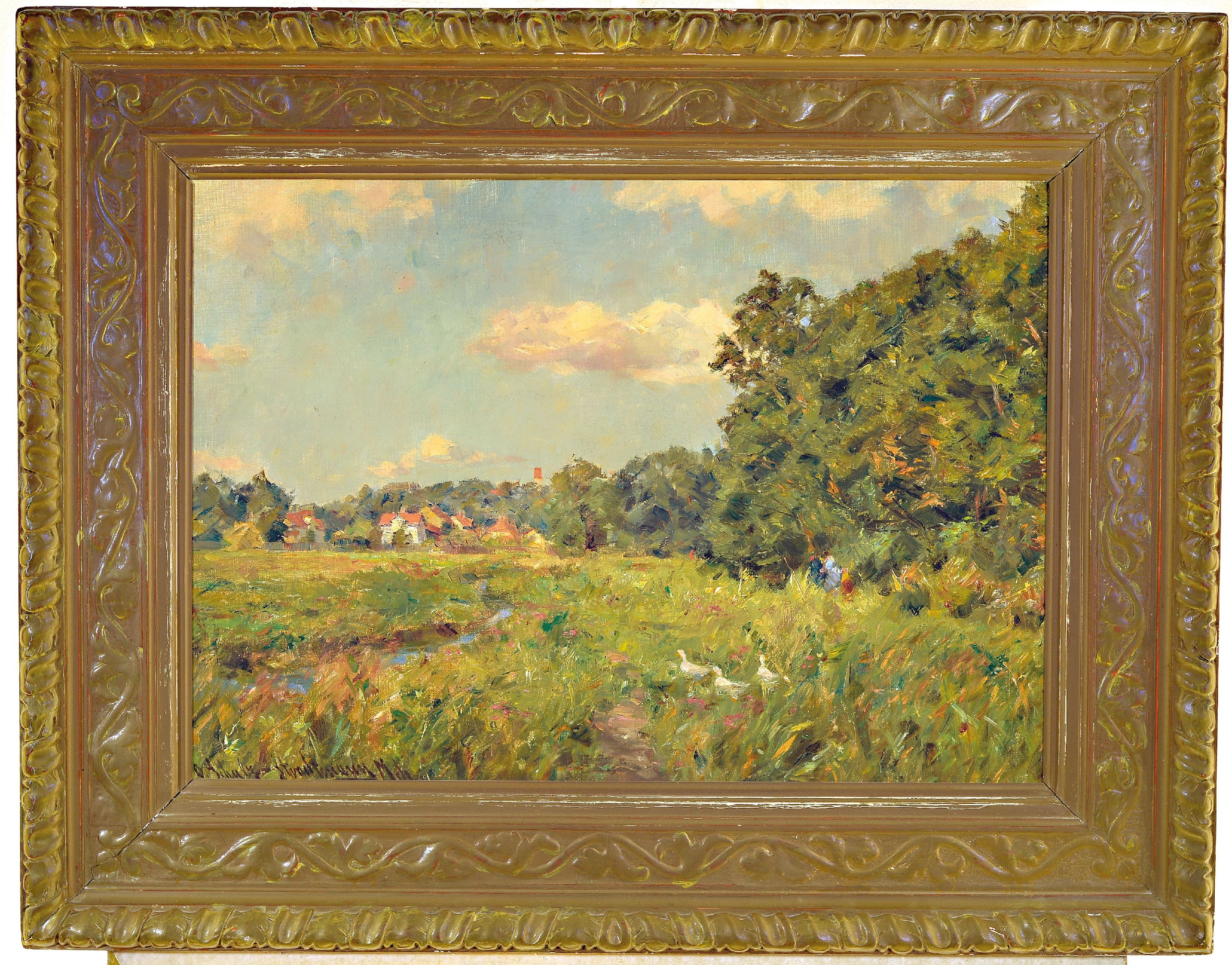 Detail k: Otto Schulz-Stradtmann, 1892-1960 Hamburg, Blick über eine Sommerweise auf ein Dorf, Öl/Lwd, links unten sign., ca. 50x70cm, R. ca. 71x91cm