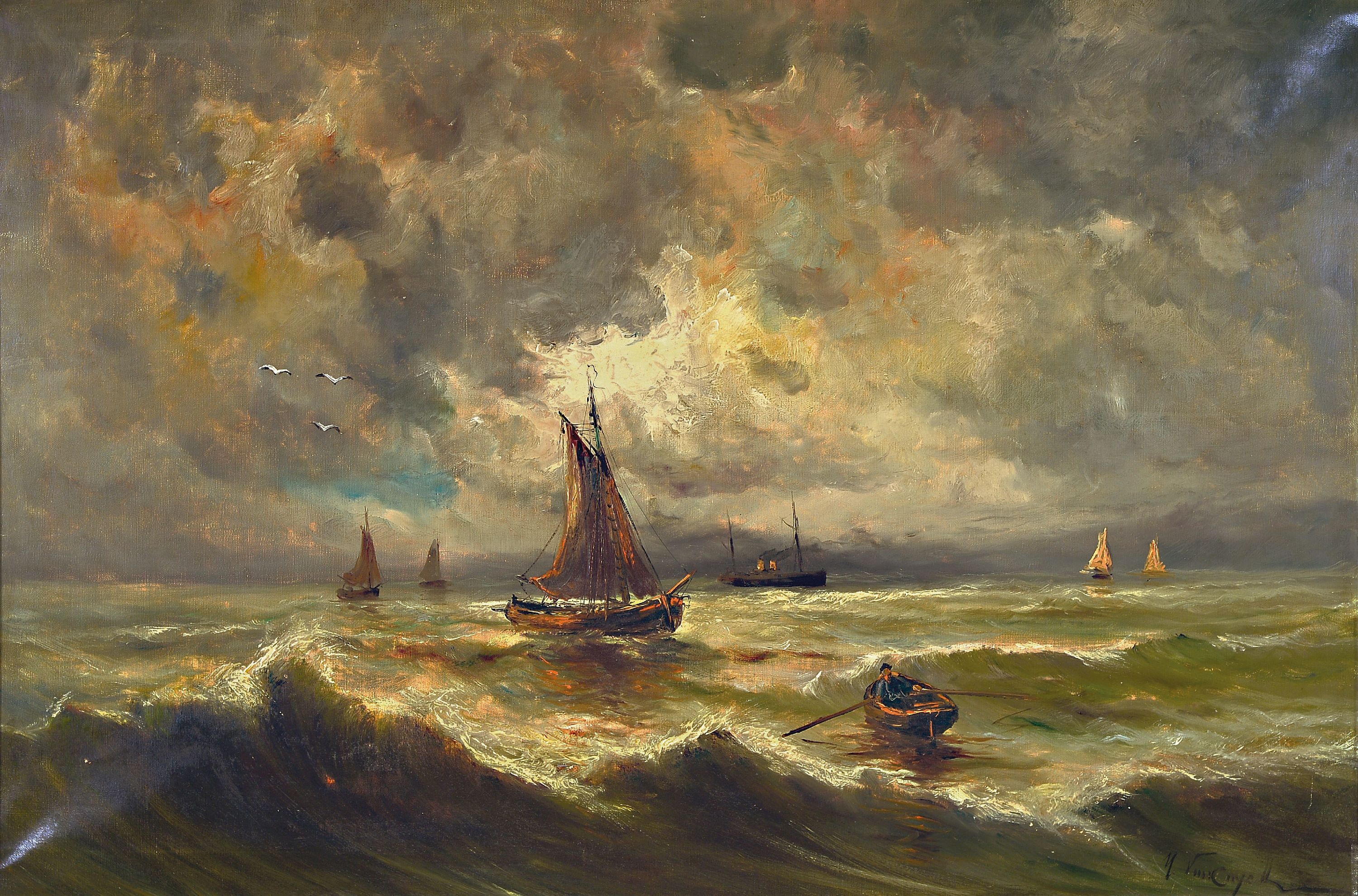 Image 26995277 - Michiel Thomas van Cuyck, 1796-1875, Fischerboote bei Gewitter, Öl/Lwd, rechts unten ...
