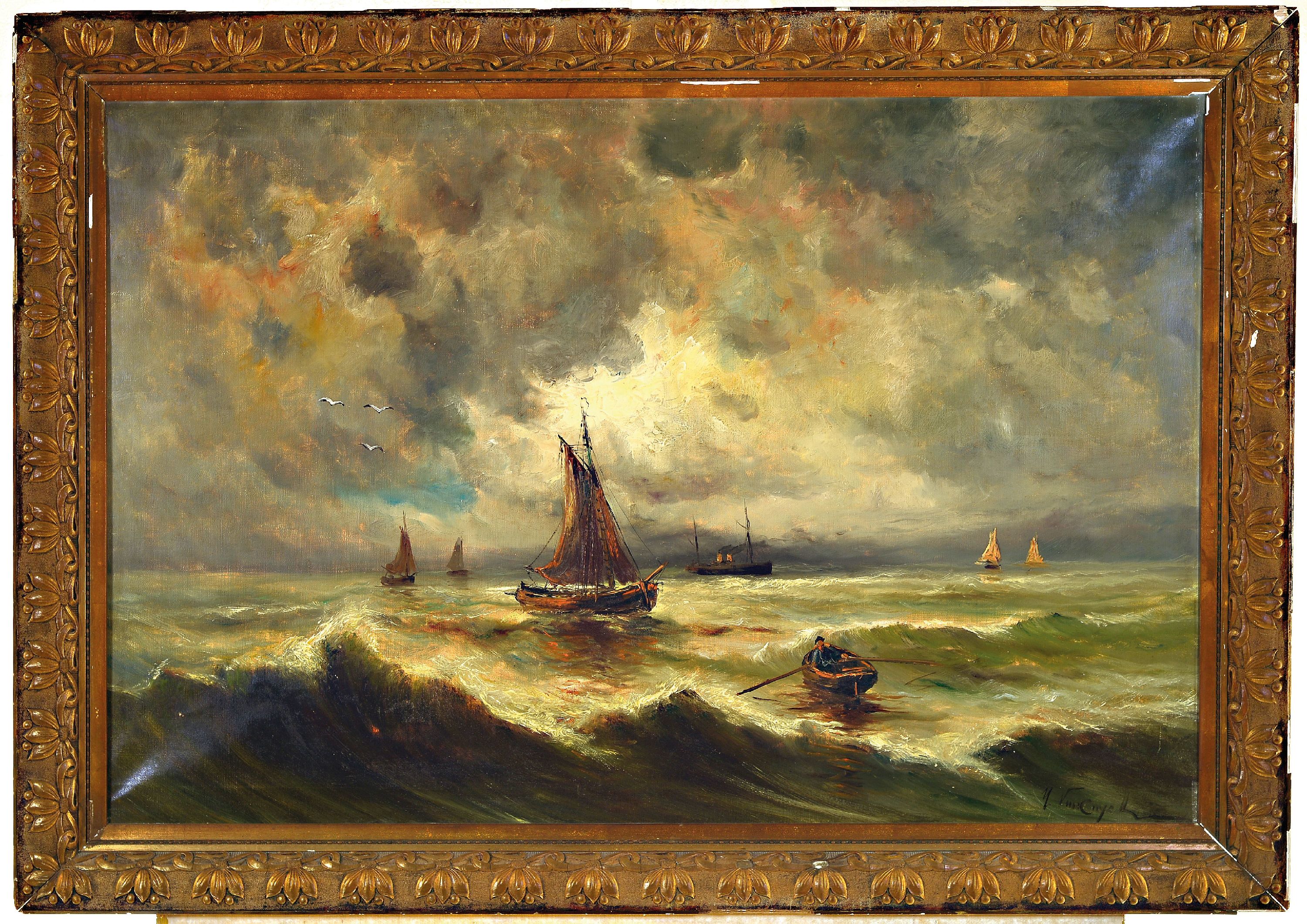 Detail k: Michiel Thomas van Cuyck, 1796-1875, Fischerboote bei Gewitter, Öl/Lwd, rechts unten sign., ca. 60x90cm, R. ca. 72x102cm, Rahmen besch.