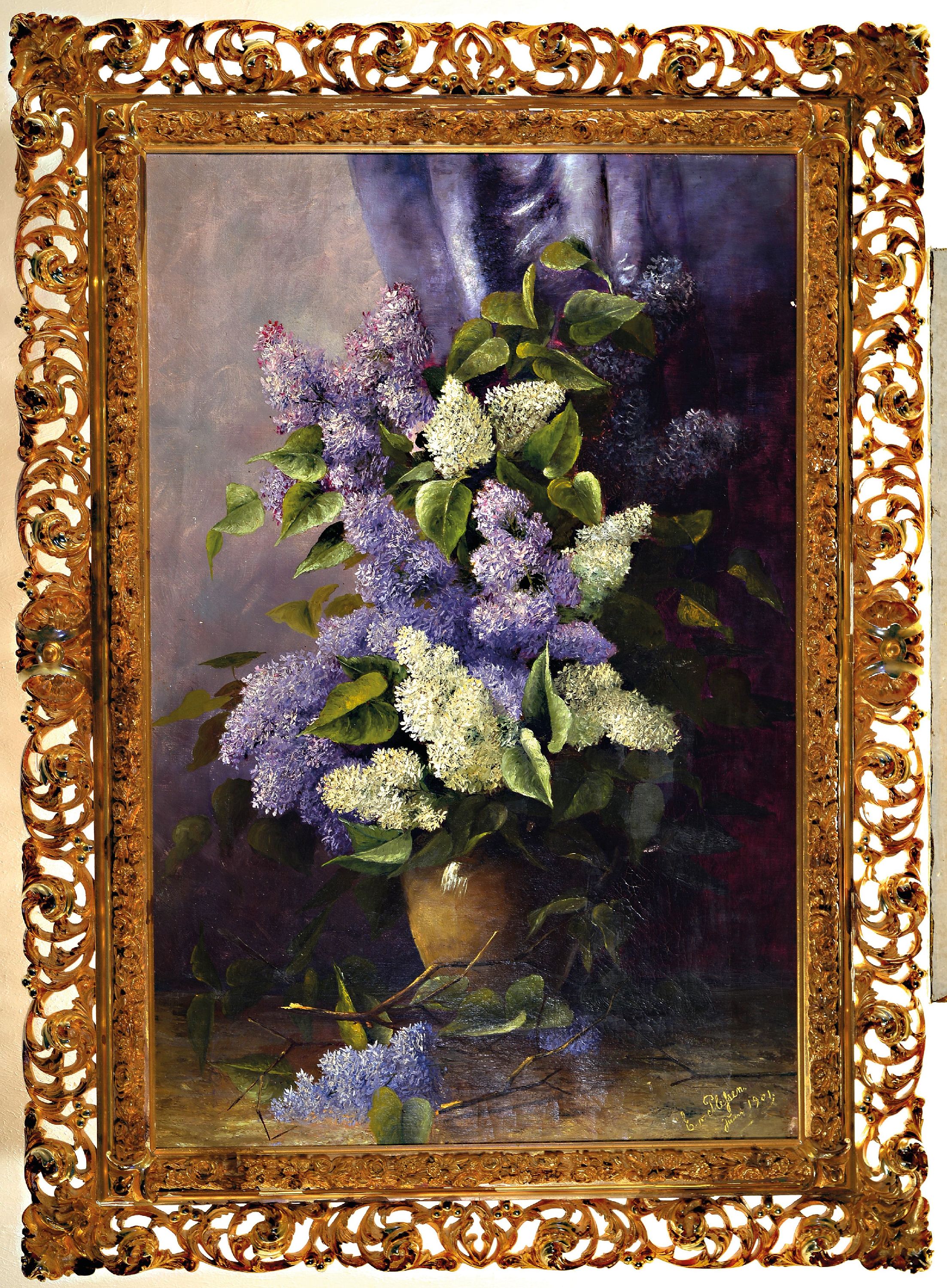 Detail k: E. von Plessen, datiert 1901, Stillleben mit violettem und weißem Flieder vor violetter Draperie, Öl/Lwd, rechts unten sign. und dat. 01, ca. ...