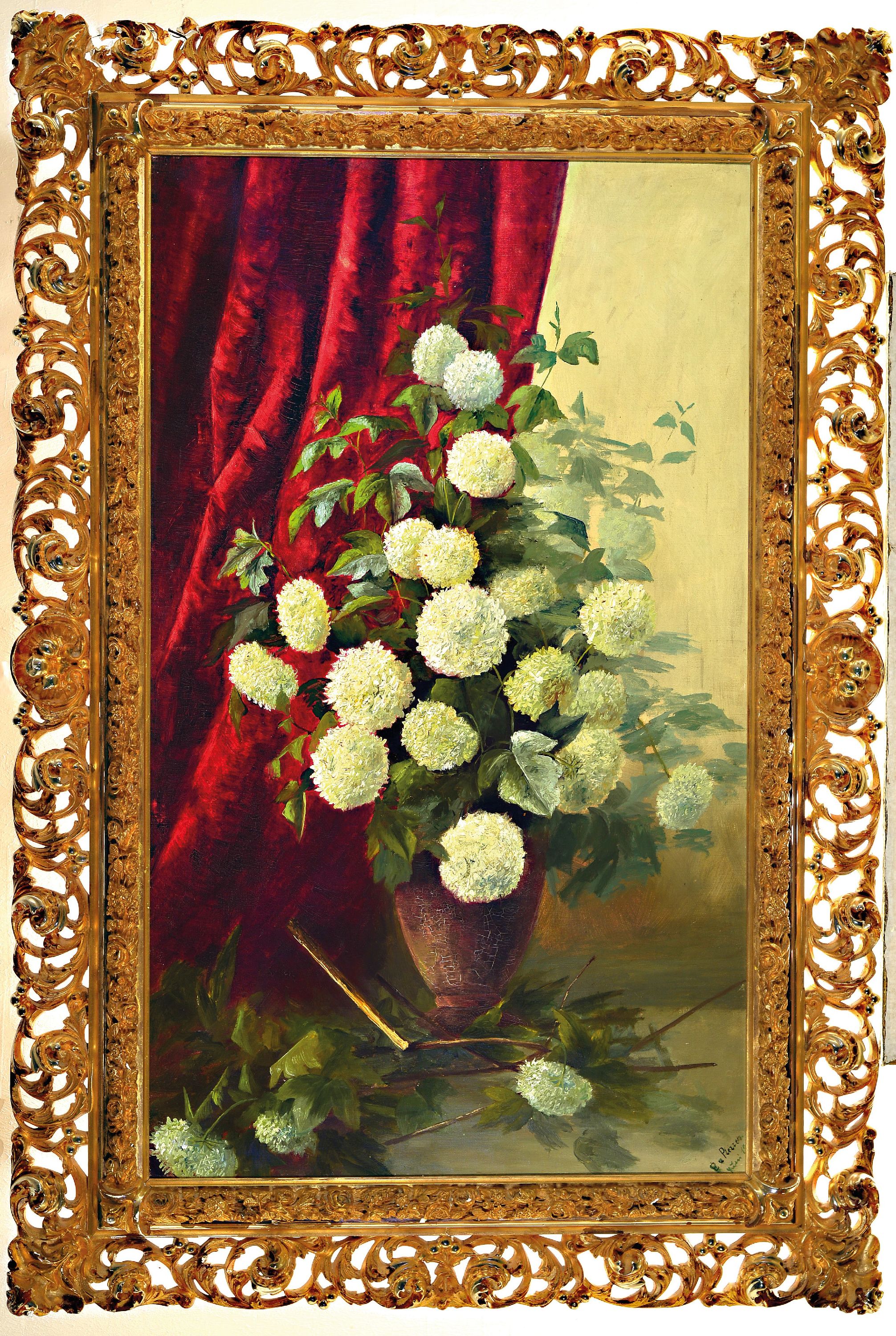 Detail k: E. von Plessen, datiert 1901, Stillleben mit weißen Schneeball vor roter Draperie, Öl/Lwd, rechts unten sign. und dat. 190?, ca. 100x60cm, ...