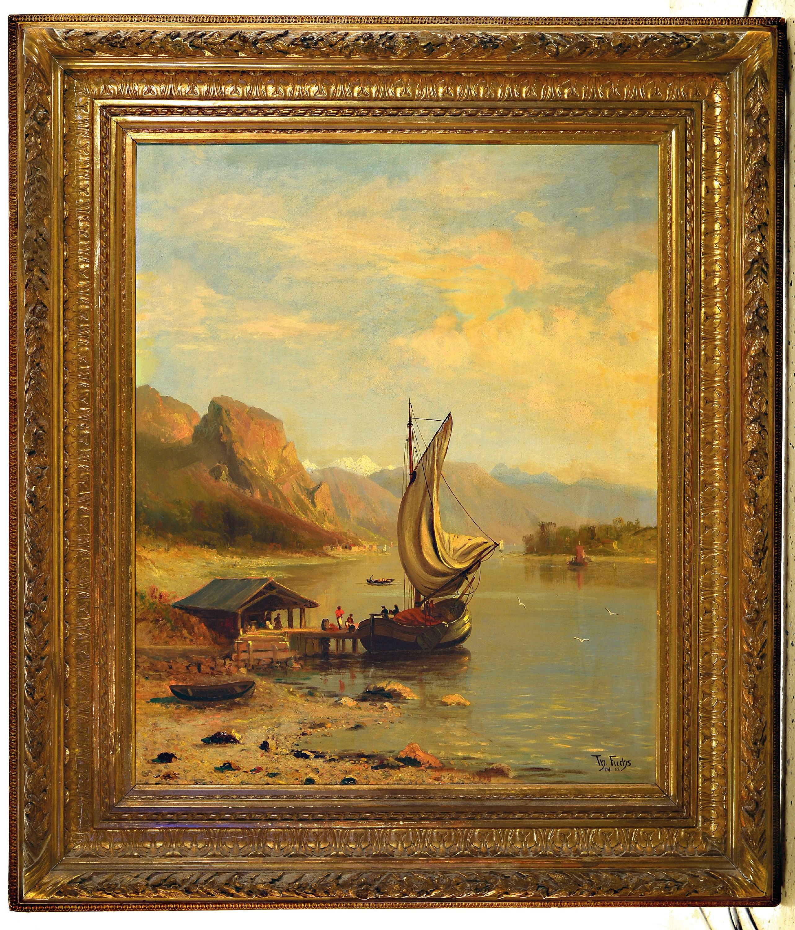 Detail k: Therese Fuchs, 1849-1910, Norwegische Fjordlandschaft mit Boot am Steg, Öl/Lwd, rechts unten sign. und dat. 82, ca. 100x80cm, Prunkrahmen ca. ...