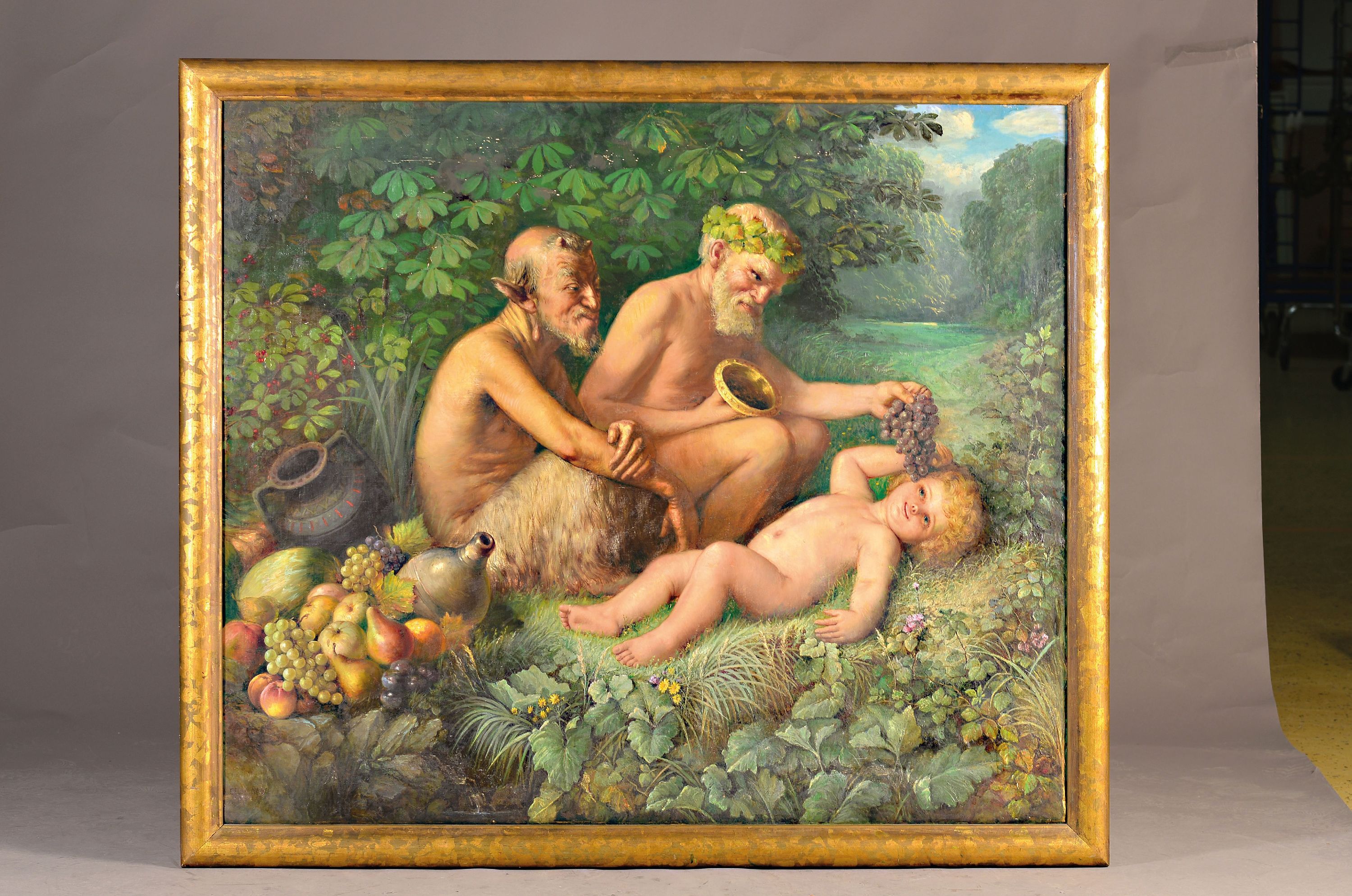 Detail k: Georg Nagel, geb. 1871 Frankfurt am Main, Die Taufe des jungen Bacchus, Öl/Lwd, rest., links unten signiert, mit kleineren Farbfehlstellen, laut ...