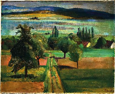 26995264k - Paul Hart, Schweizer Künstler des 20.Jh., Blick entlang einer Allee auf einen See, ...
