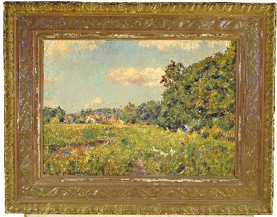 26995276k - Otto Schulz-Stradtmann, 1892-1960 Hamburg, Blick über eine Sommerweise auf ein Dorf, ...