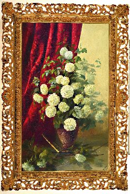 26995280k - E. von Plessen, datiert 1901, Stillleben mit weißen Schneeball vor roter Draperie, ...