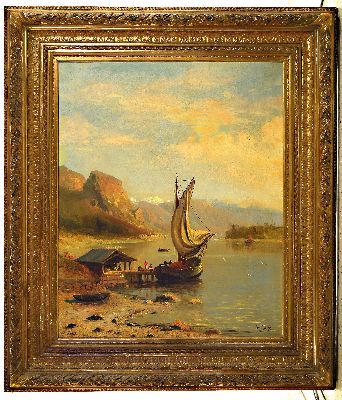 26995281k - Therese Fuchs, 1849-1910, Norwegische Fjordlandschaft mit Boot am Steg, Öl/Lwd, rechts ...