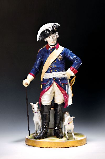 Image Very large figurine, Volkstedt, around 1900, Friedrich II. with two dogs, painted in ...
