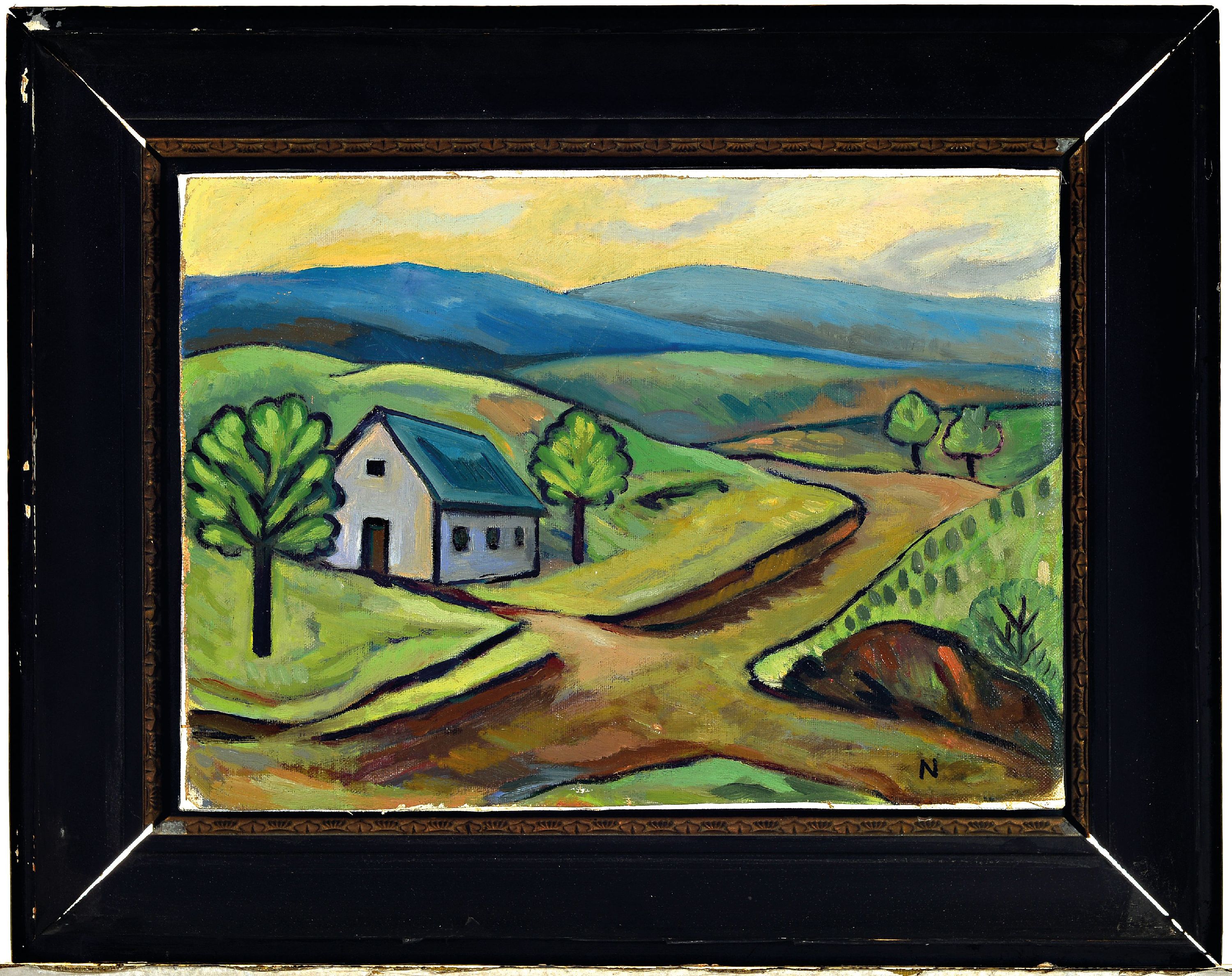 Detail k: Bill Nagel, 1888-1967 München, Gebäude in hügeliger Sommerlandschaft, rechts unten monogrammiert N, Öl/Lwd, 28x38, auf Keilrahmendoubliert, ...