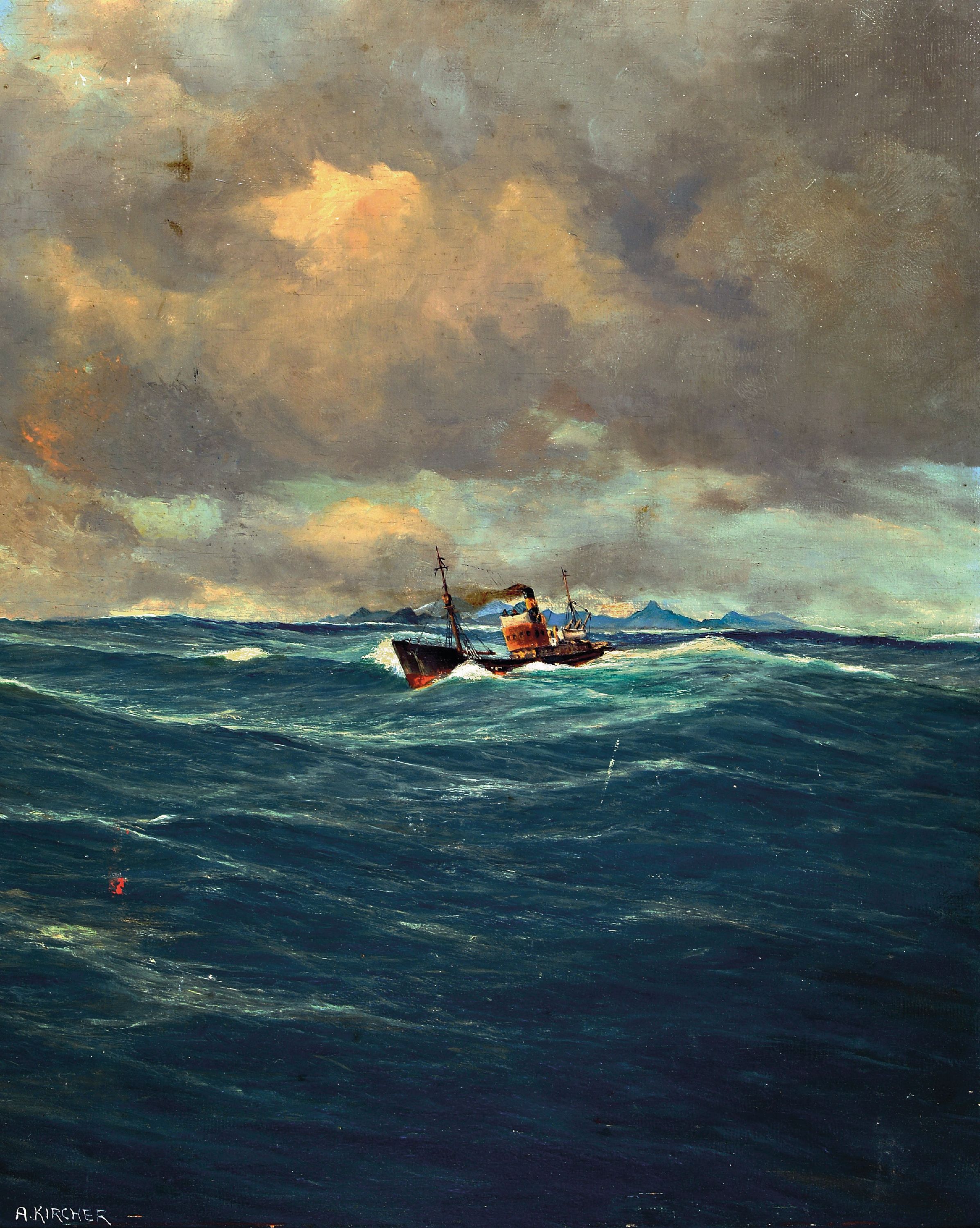 Alexander Kircher, 1867 Triest-1939 Berlin, Seestück Dampfer auf hoher See, links unten signiert, Öl/Holz, Rahmen 66x54 cm
