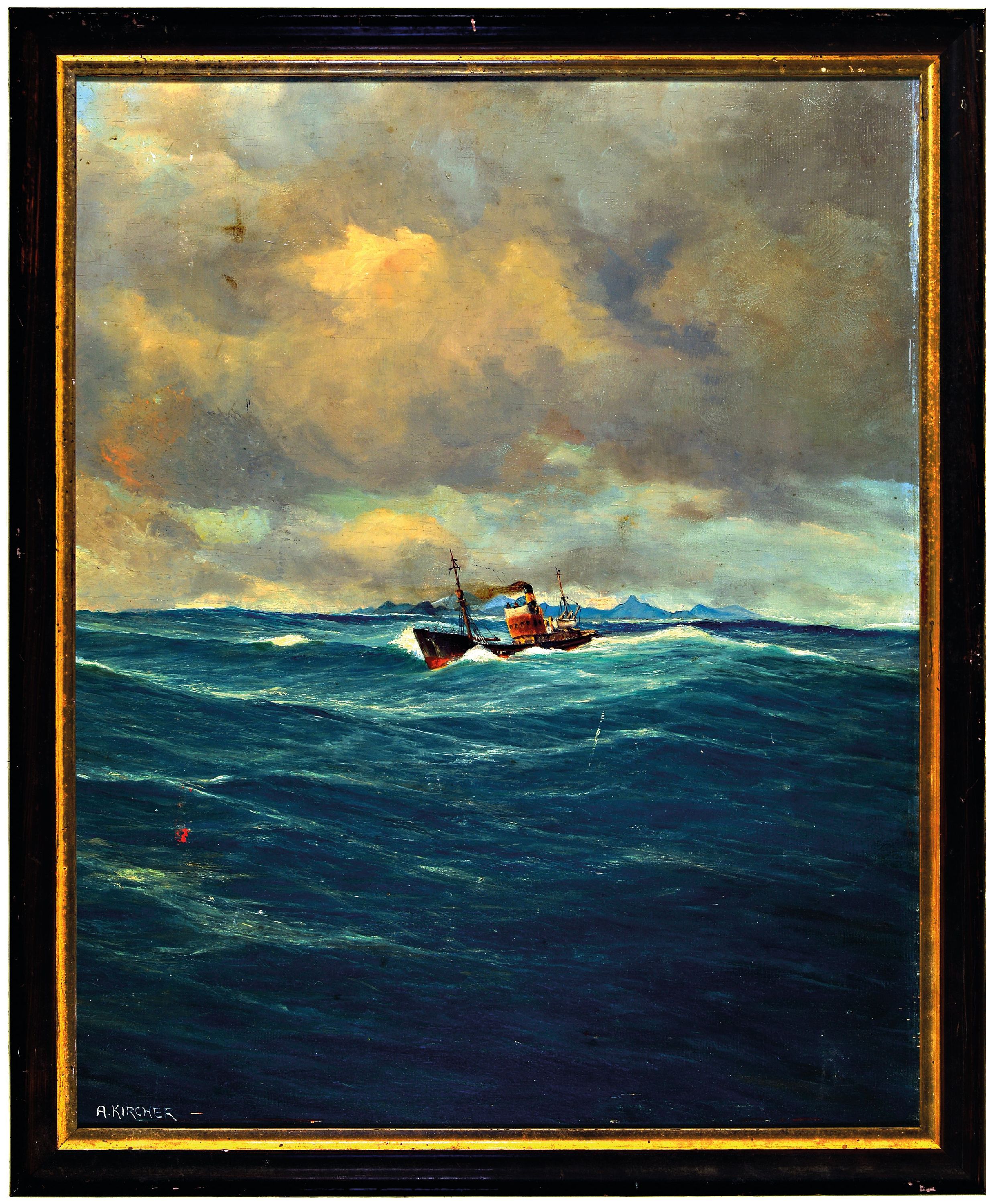 Detail k: Alexander Kircher, 1867 Triest-1939 Berlin, Seestück Dampfer auf hoher See, links unten signiert, Öl/Holz, Rahmen 66x54 cm