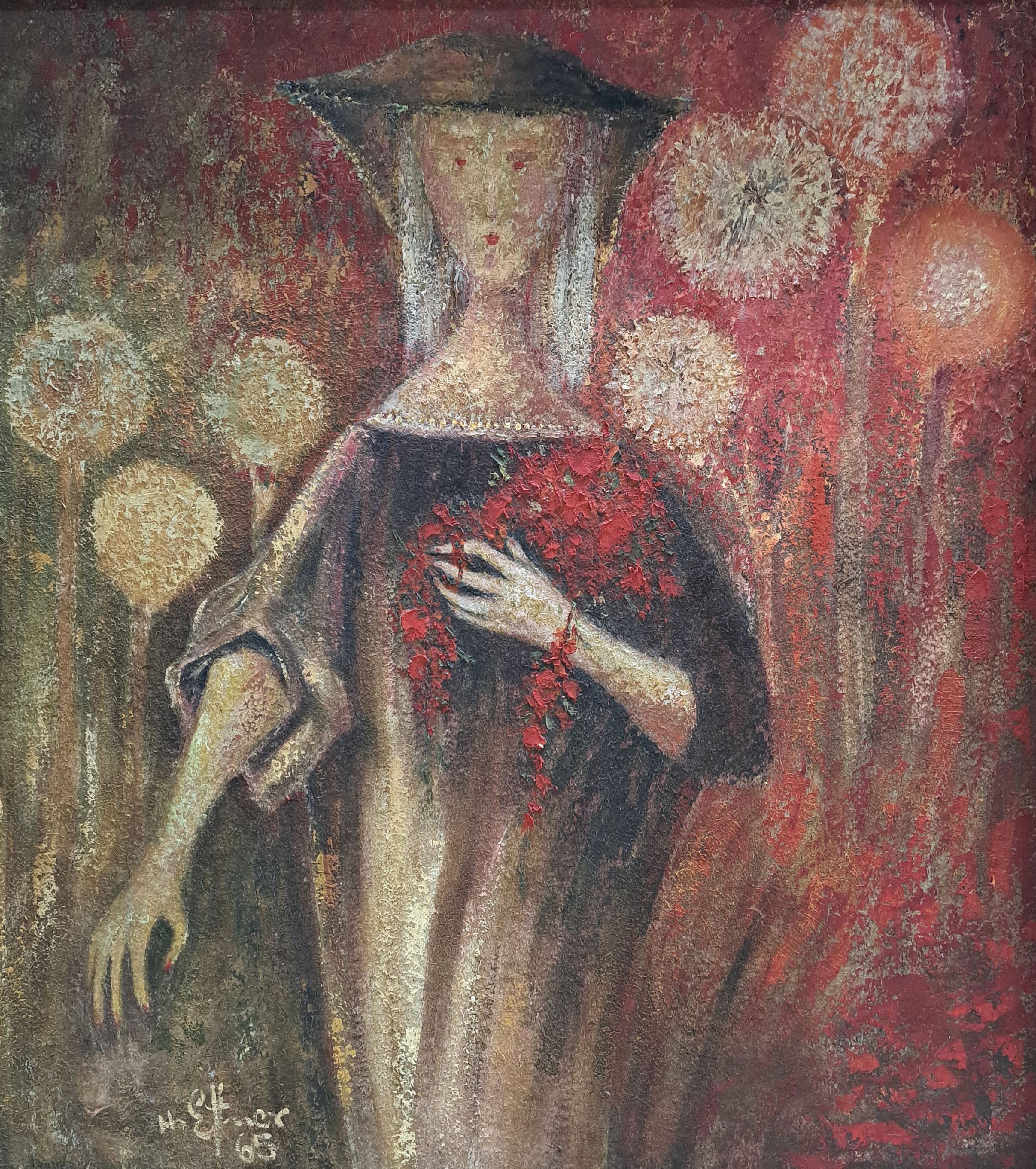 Detail k: M. Eitner o.ä., datiert (19)65, Frauengestalt mit Pusteblumen, Öl/Spanplatte, links unten sign. und dat., ca. 100x90cm, R. ca. 105x95cm