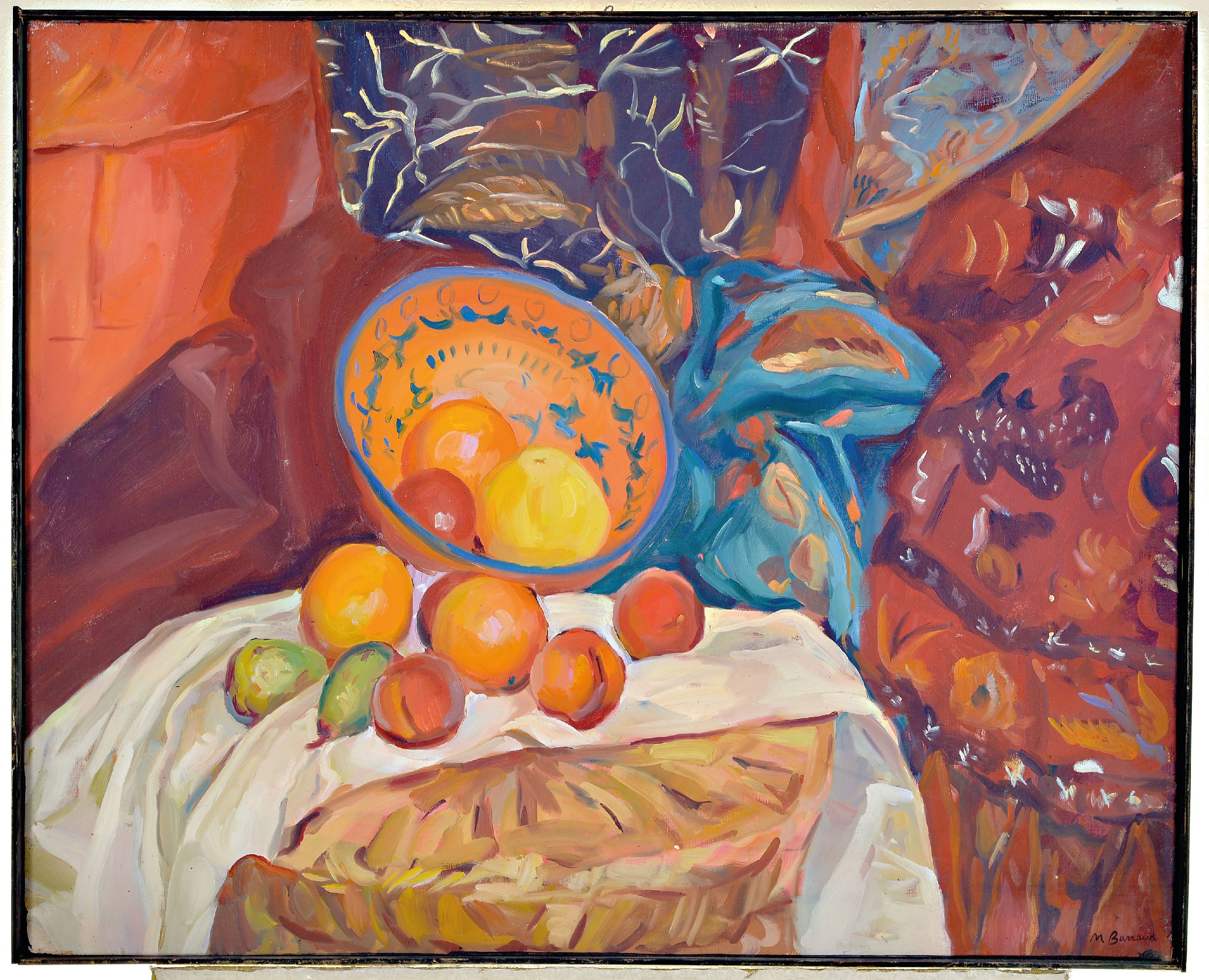 Detail k: Maurice Barraud, 1889-1954, Stillleben mit Keramikschale und Obst vor bunten Draperien, Öl/Lwd, rechts unten sign., ca. 80x100cm
