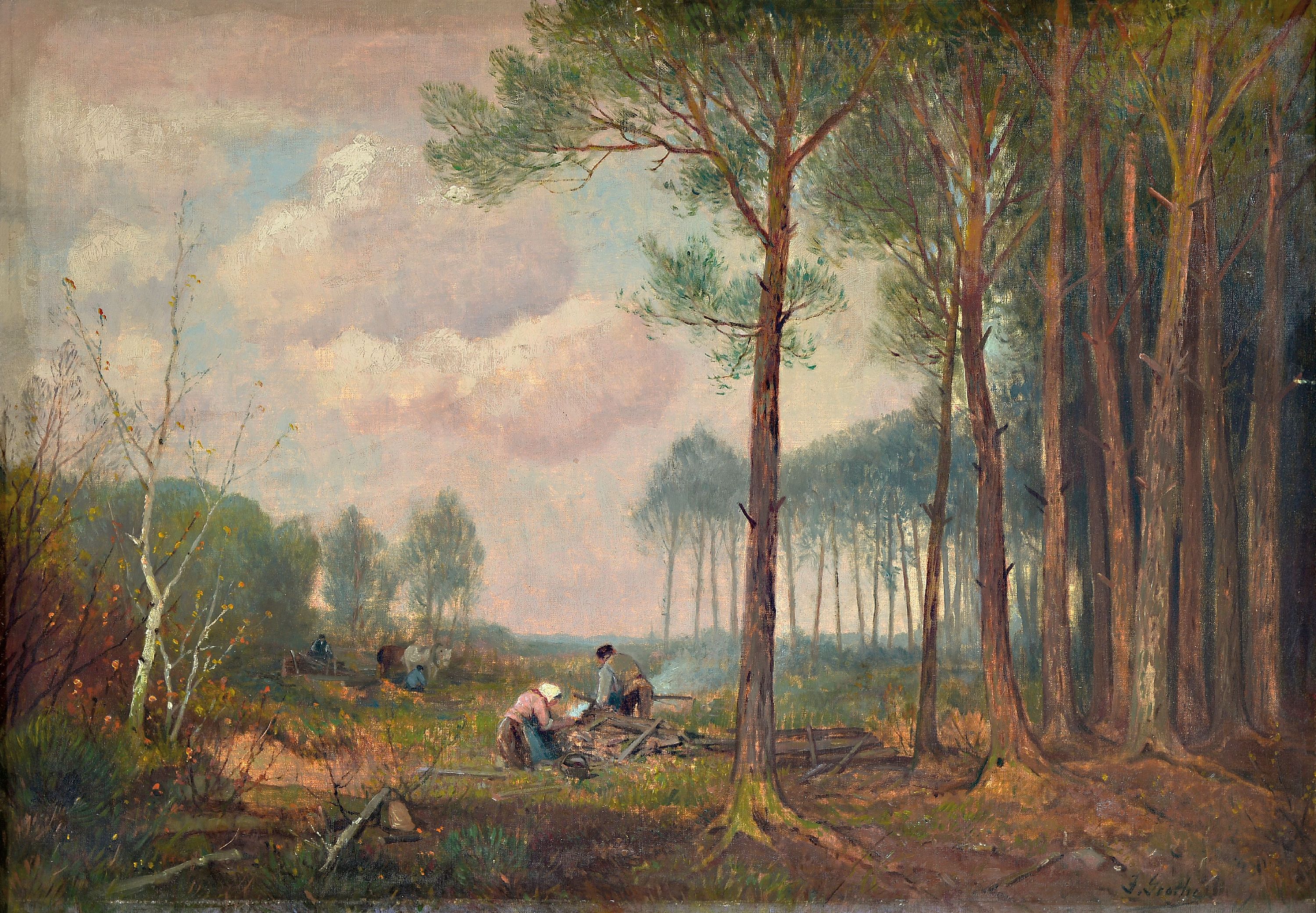 Image 26995867 - Jean Grothe, 1865-1925, Arbeiter auf einer Waldlichtung, Öl/Lwd, rechts unten sign., ...