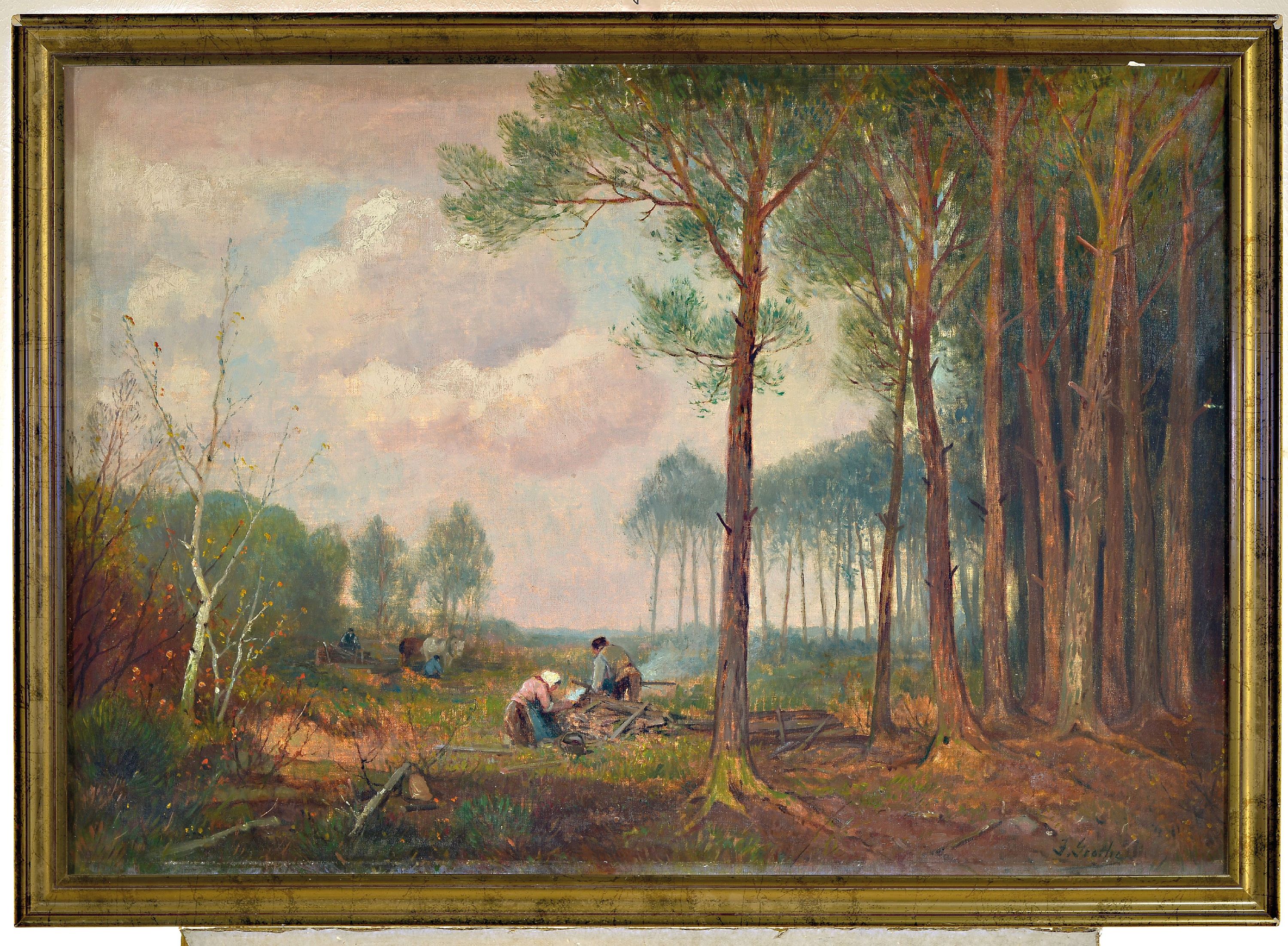 Detail k: Jean Grothe, 1865-1925, Arbeiter auf einer Waldlichtung, Öl/Lwd, rechts unten sign., sollte neu gespannt werden, ca. 70x100cm, R. ca. 78x107cm