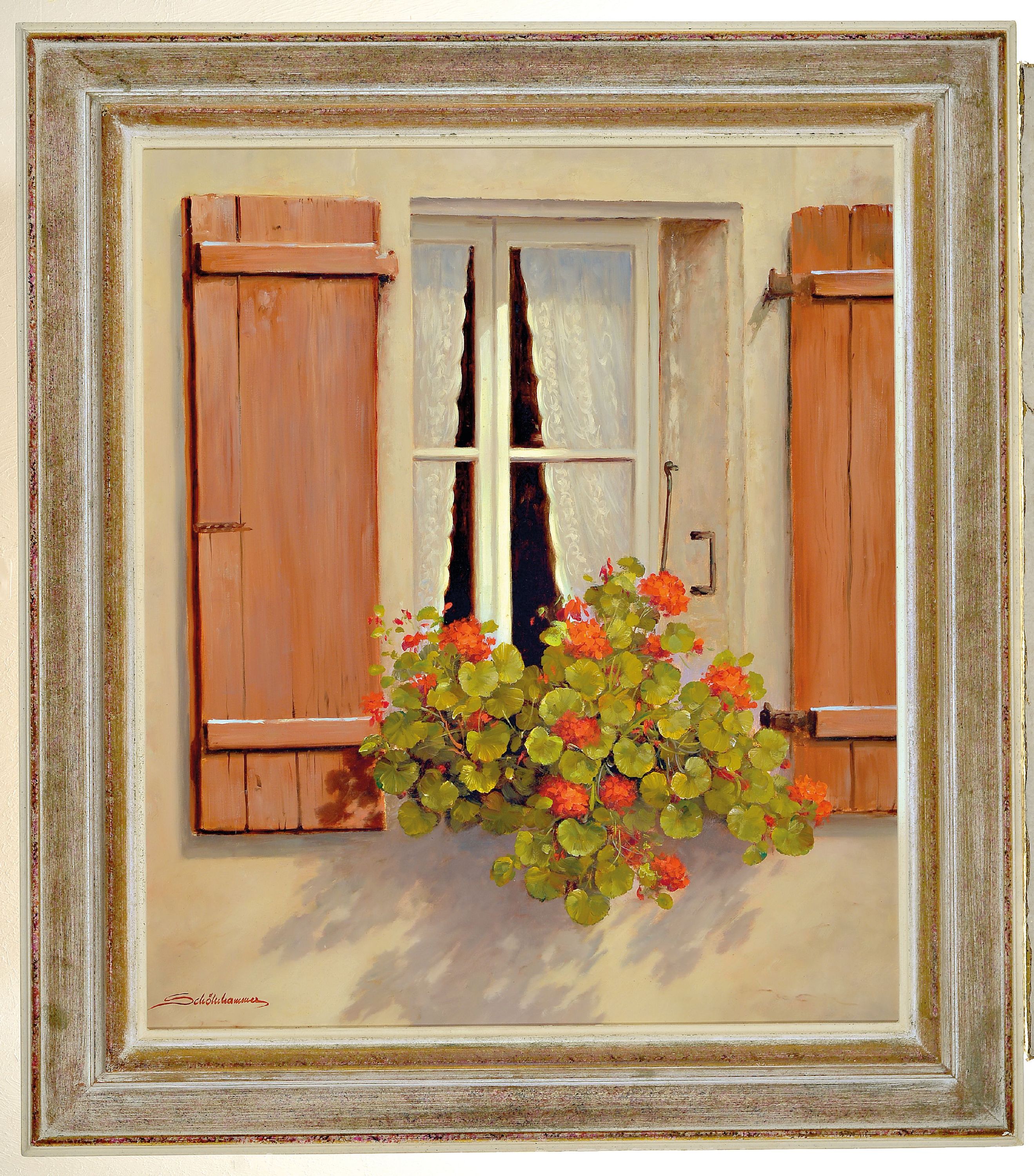 Detail k: Heinz Schölnhammer, geb. 1940 Wien, Geranien am Fenster, rückseitig so betitelt, Öl/Lwd, links unten sign., ca. 70x60cm, R. ca.88x78cm