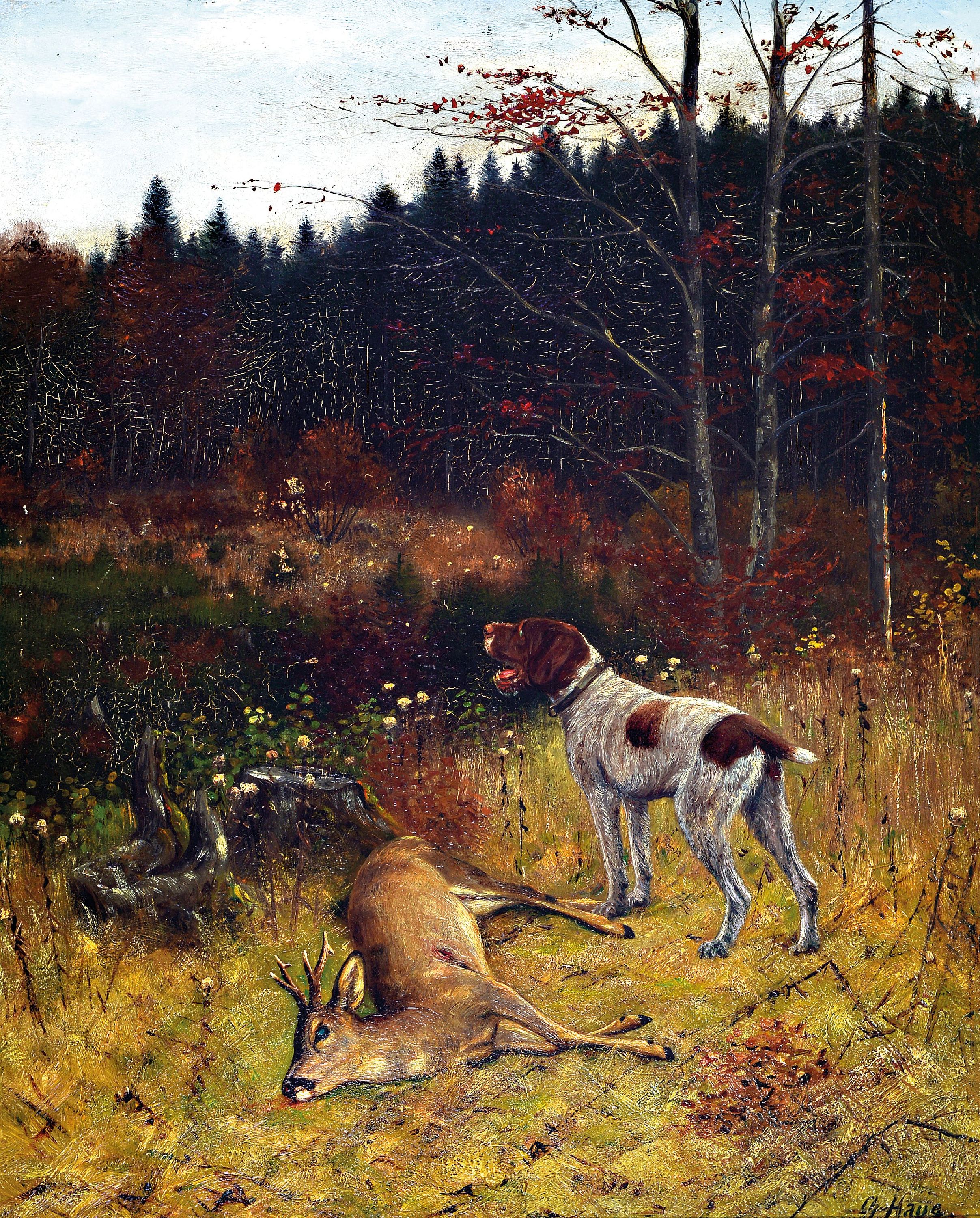 Image 26995871 - Christian Haug, 1878-1942, Jagdhund vor dem erlegten Rehbock, Öl/Malkarton, rechts ...