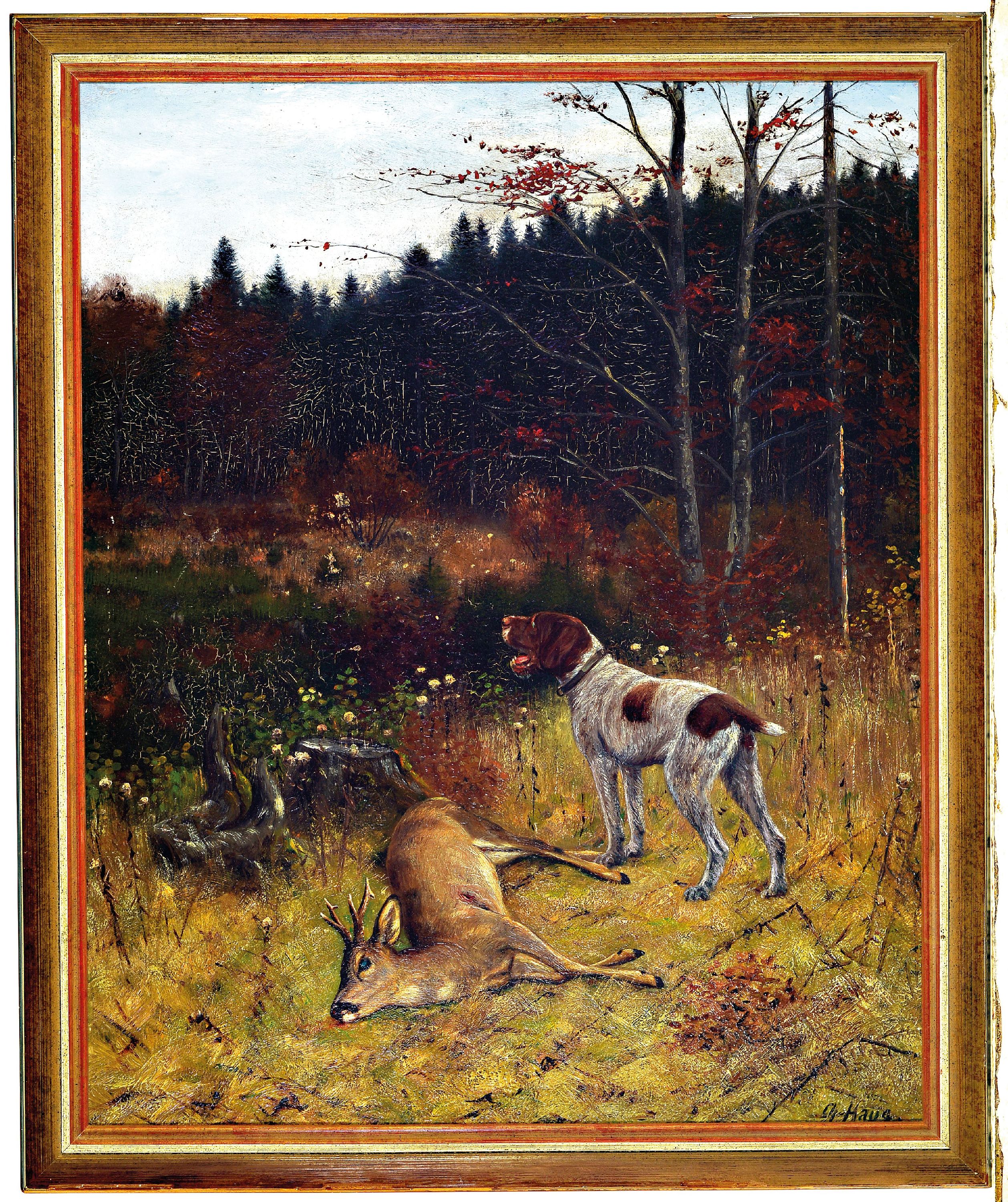 Detail k: Christian Haug, 1878-1942, Jagdhund vor dem erlegten Rehbock, Öl/Malkarton, rechts unten sign., ca. 60x49cm, R. ca. 66x55cm