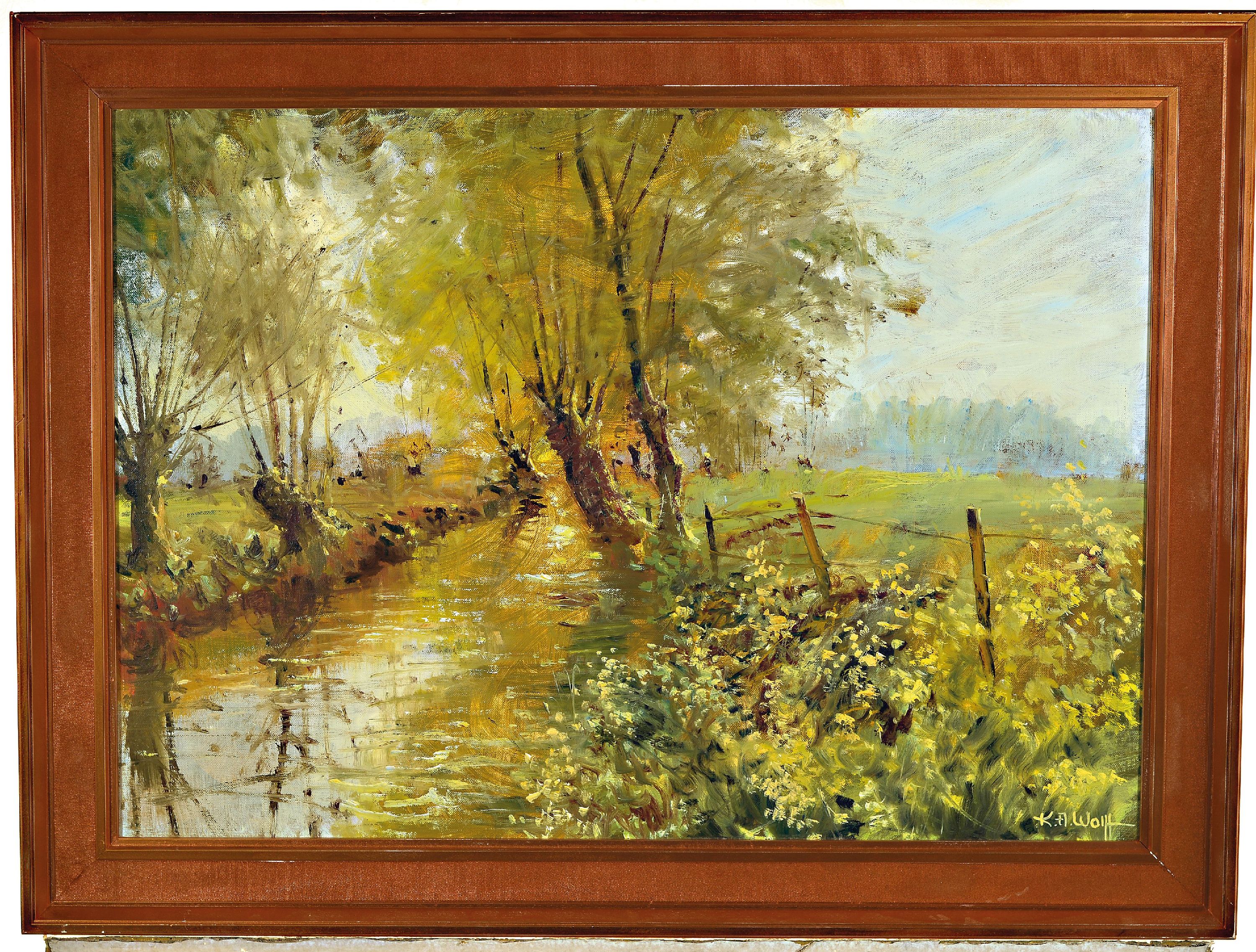Detail k: Karl August Wolff, ge. 1938 Ludwigshafen, 2 Gemälde: Kopfweiden am Bach, Öl/Lwd, rechts unten sign., ca. 50x70cm, R., Landschaft in der Pfalz mit ...
