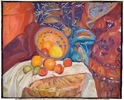 26995865k - Maurice Barraud, 1889-1954, Stillleben mit Keramikschale und Obst vor bunten Draperien, ...