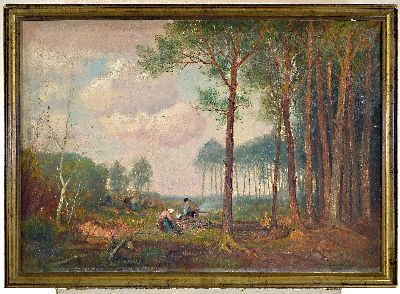 26995867k - Jean Grothe, 1865-1925, Arbeiter auf einer Waldlichtung, Öl/Lwd, rechts unten sign., ...