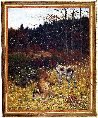 26995871k - Christian Haug, 1878-1942, Jagdhund vor dem erlegten Rehbock, Öl/Malkarton, rechts ...