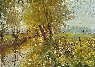 Image Karl August Wolff, ge. 1938 Ludwigshafen, 2 Gemälde: Kopfweiden am Bach, Öl/Lwd, ...