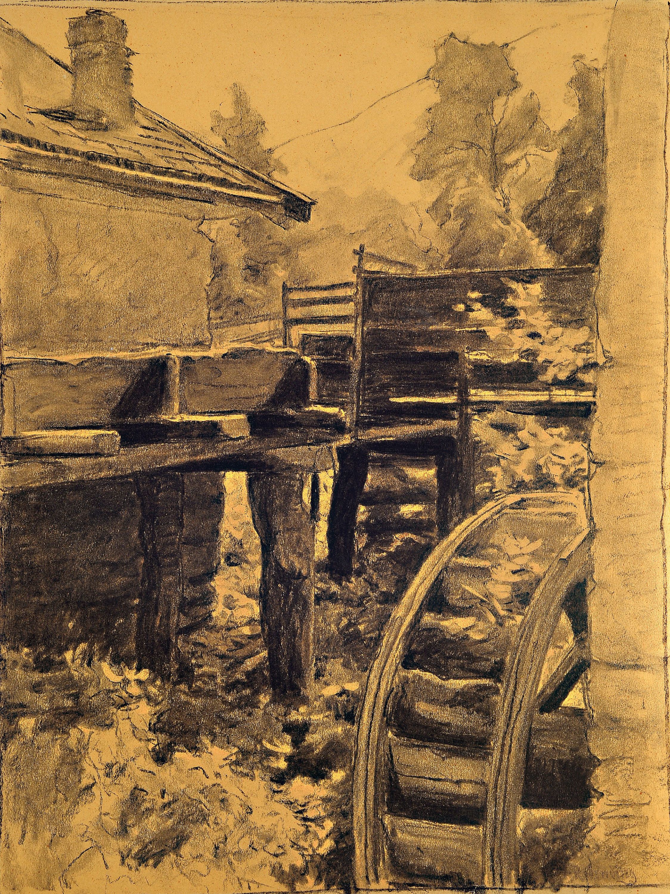 Image 26996084 - Prof. Fritz Rabending, 1862 Wien-1929 München , Kohlezeichnung, Wassermühle, verso ...