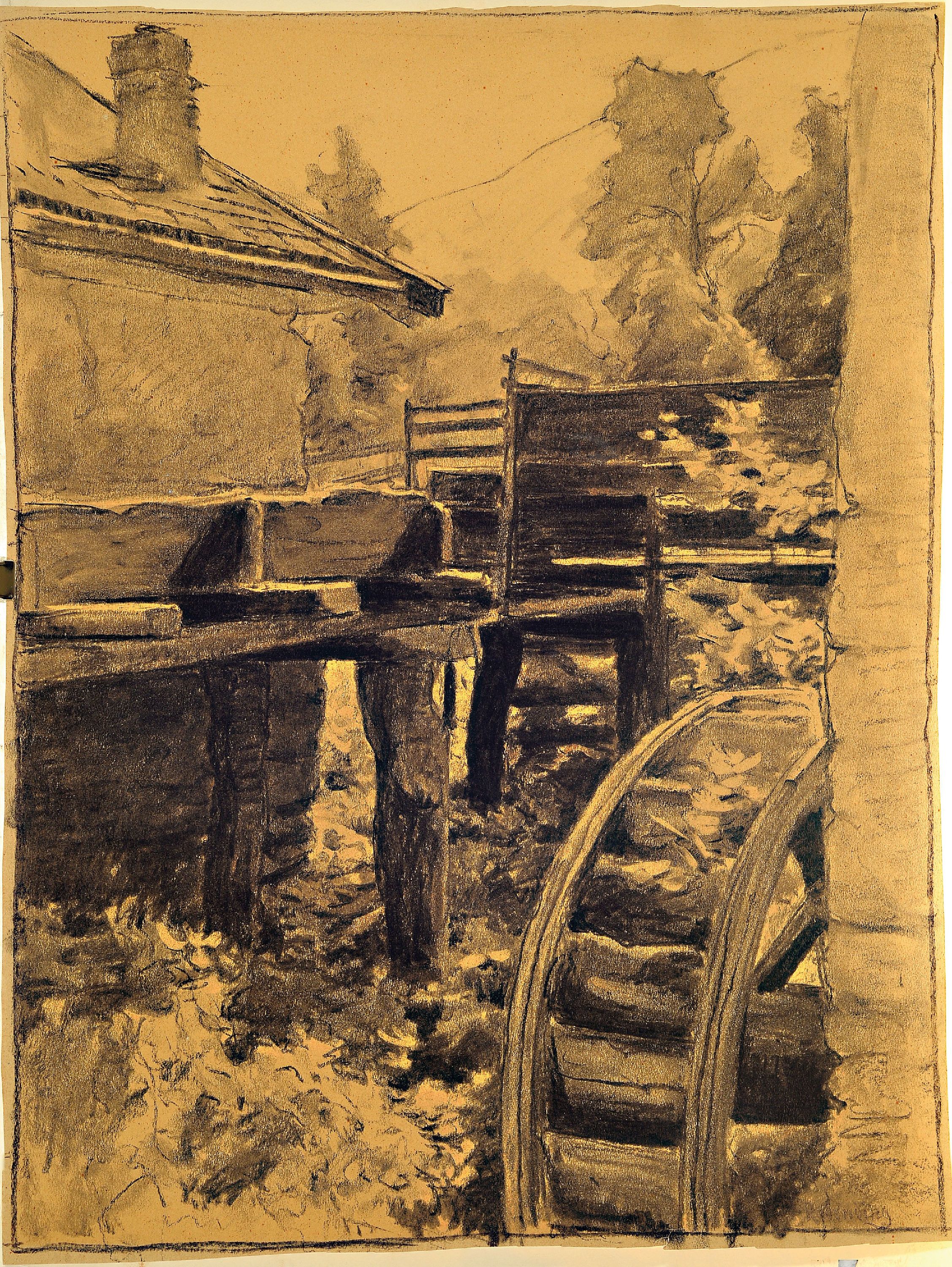 Detail k: Prof. Fritz Rabending, 1862 Wien-1929 München , Kohlezeichnung, Wassermühle, verso Nachlaßstempel, ungerahmt, 60x46 cm, l. beschmutzt