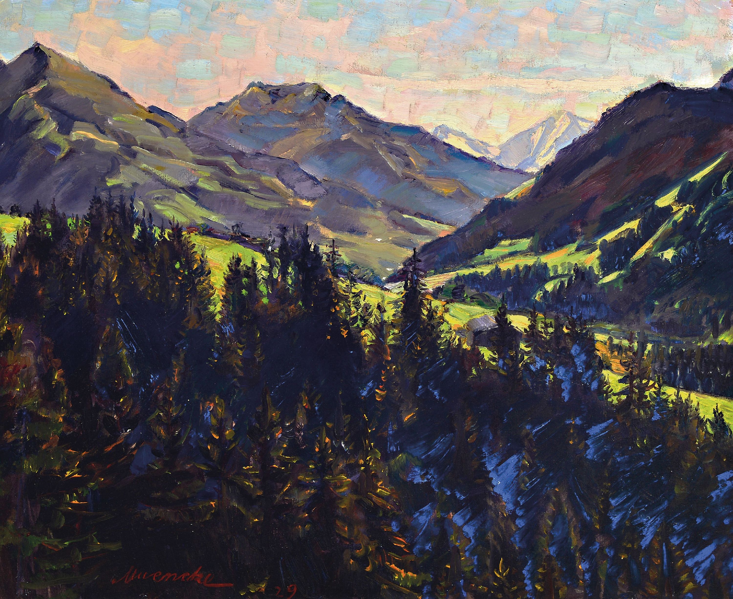 Eduard Muenecke, 1875 Berlin-1954, Gebirgslandschaft mit Blick ins mäandernde Tal, links unten signiert und datiert 1929, Öl/Lwd, Rahmen 77x92 cm