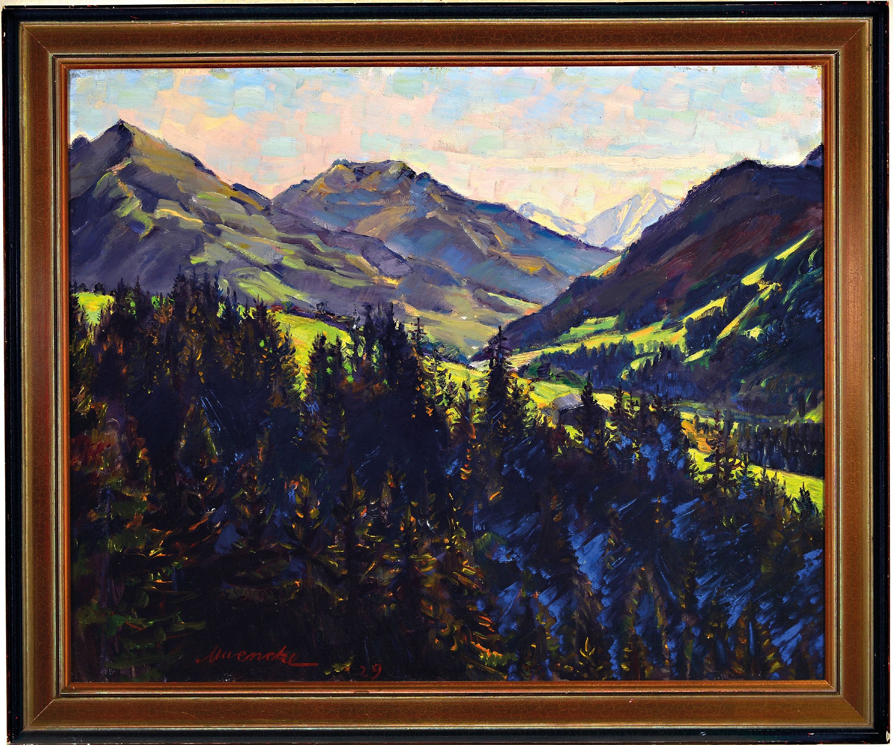 Detail k: Eduard Muenecke, 1875 Berlin-1954, Gebirgslandschaft mit Blick ins mäandernde Tal, links unten signiert und datiert 1929, Öl/Lwd, Rahmen 77x92 cm